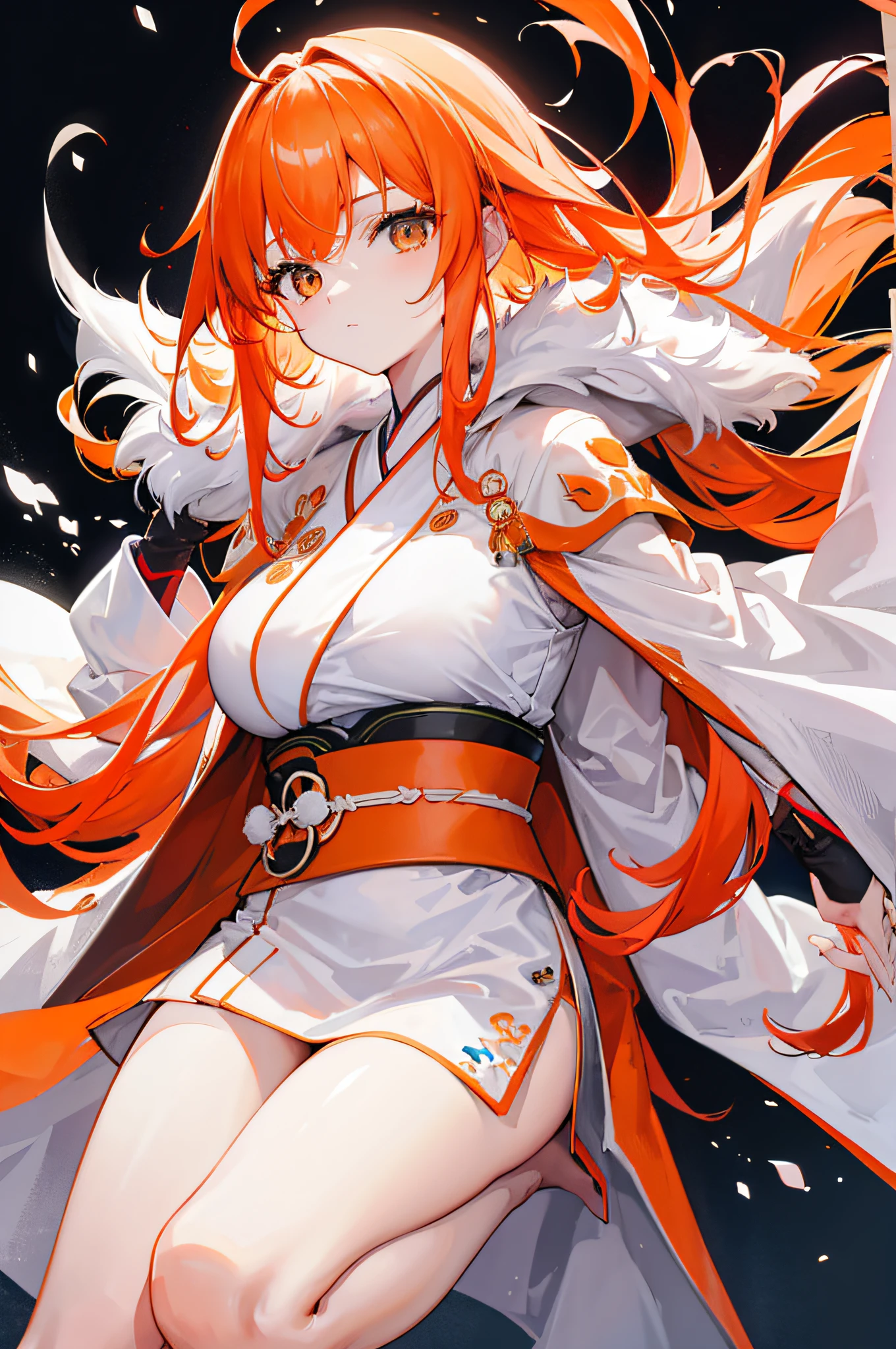 4k,hight resolution,One Woman,White orange hair,Longhaire,Long white kimono,Orange military coat
