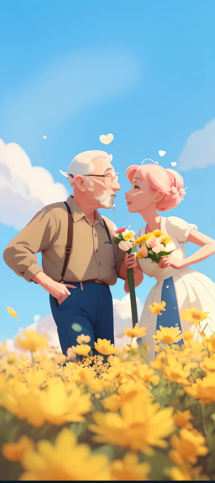 Cartoon elderly couple kissing each other in a flower field, pinkdress,Blue denim top,concept art of love, Animated Movies, digital cartoon painting art, Animated Movies, atey ghailan 8 k, animated movie still, cartoon digital painting, Cartoon concept art, style of disney animation