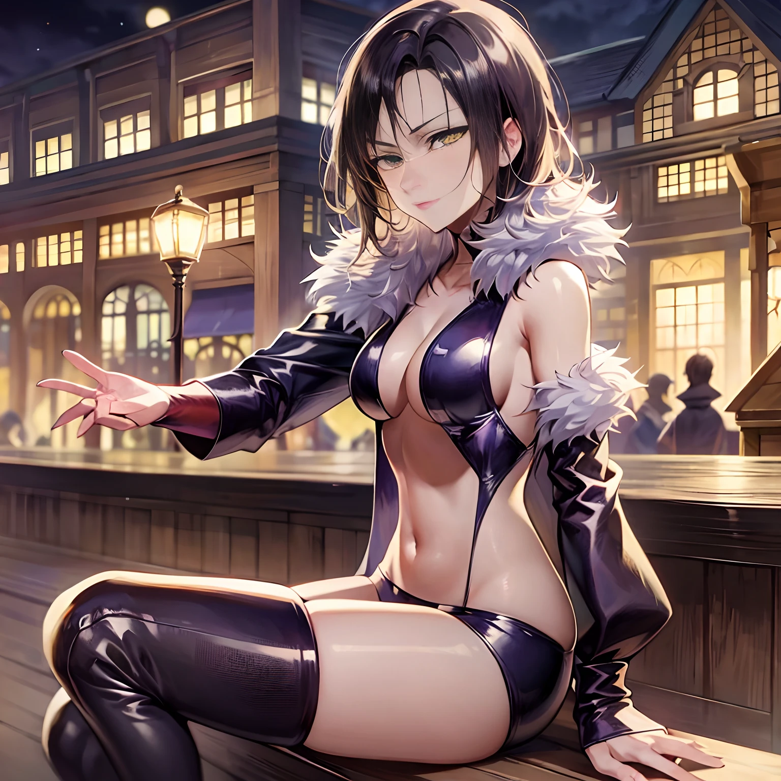 Merrion sitting on a bar, Ultra Detalhado, best quality, brown hair, anime, corpo bonito, beautiful face, Nanatsu no Taizai, , Agora mesmo, Merlin, night time, at night, Escuro, soio, 1girl, sozinho, barra, sentado, menacingly, frio