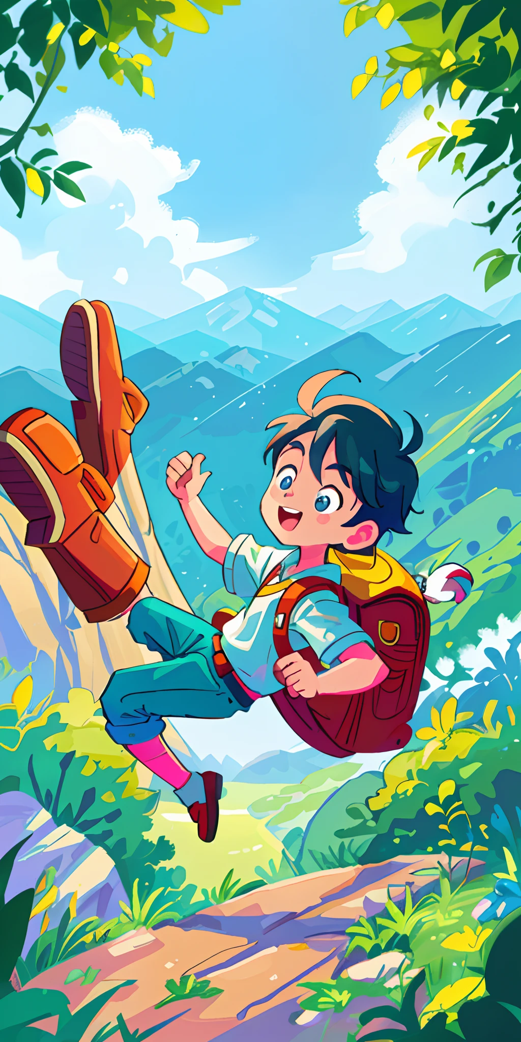 (best quality,highres),vibrant and playful colors,bright and lively colors,bold and lively colors,adventure theme
childlike figure,the figure of a boy,the image of a boy,a boy with a backpack,a boy with a sense of vitality and freedom,a boy climbing mountains,a boy traversing deep forests