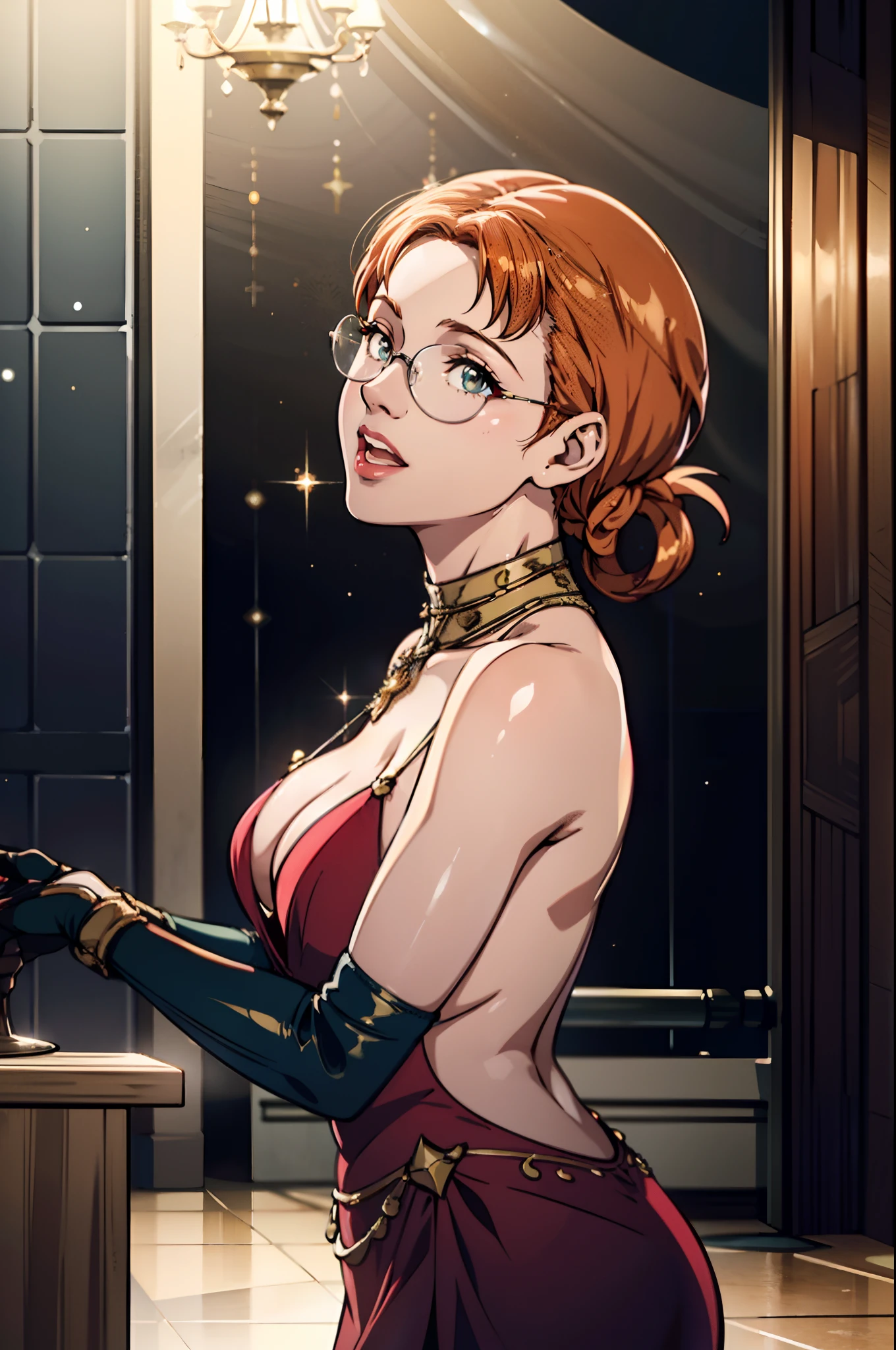 nnette_war, ,Annette (Fire Emblem), 1girl,red revealing dress ,white elbow gloves,singing,classic microphone,1920s night club,art deco interior,vibrant atmosphere,smoke-filled room,dimmed lights,sparkling chandeliers,dancing couples,arched doorways,velvet curtains,jazz music,floral arrangements,checkered dance floor,overflowing champagne glasses,vintage bar counter,high-back chairs,feathered headbands,glamorous decor,gleaming polished floors,energetic crowd,exquisite stage backdrop,bar counter with gleaming crystal glasses,dapper gentlemen,elegant ladies in fringed dresses,whispered conversations,laughter and applause,soothing jazz melodies,swinging jazz band,enthusiastic applause,teasingly slow tempo,exquisite vocal talent,resonating melodic voice,charming charisma,breathtaking evening gown,mesmerizing performance,raucous cheers and claps,melodies floating in the air,bubbly laughter,lively ambiance,moments frozen in time,vintage charm,boundless elegance,(best quality,4k,8k,highres,masterpiece:1.2),ultra-detailed,(realistic,photorealistic,photo-realistic:1.37),portraits,art deco color scheme,soft warm lighting,vibrant reds and golds,subtle shadows and highlights,joyful atmosphere