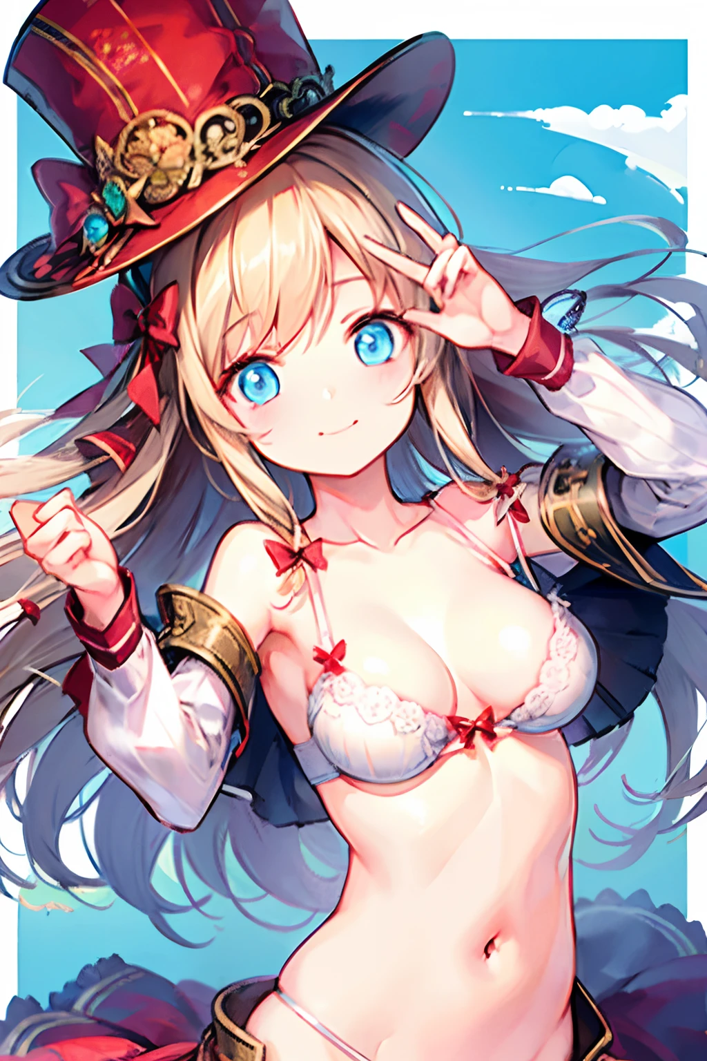 Yukka ende, 8k, ultra-detailed, Masterpiece, best quality, blue eyes, blonde hair, small red hair bows, Large chest, sunny outside, garden, day, 1girl, solo, (close up face), portrait, bokeh, undressing, collarbone, blush, white bra, red silk hat, no skirt, bottomless, realistic white cute panties, crotch seam