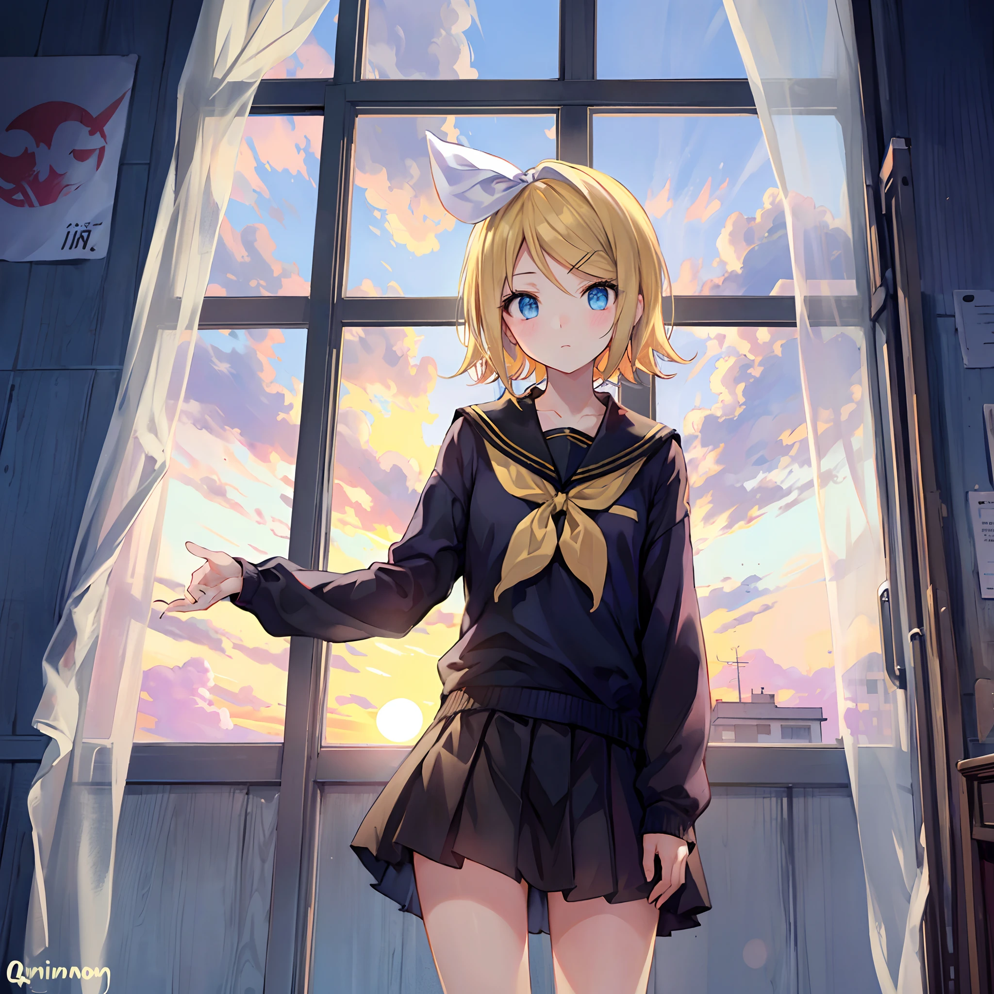 Kagamine Rin , por rubio , coletas 、ojos rojos、Hermosa chica sola、quimono、una minifalda、aula de escuela 、sentado en pupitre , luz de atardecer (entrando por la ventana , cortinas que se mueven un poco con el viento