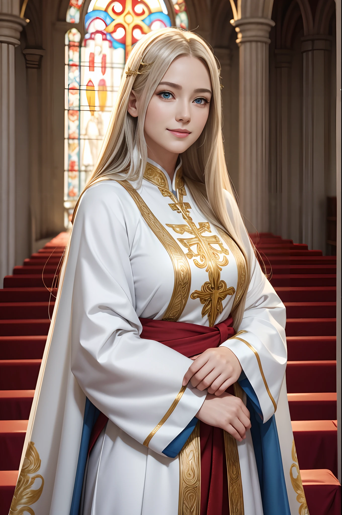 8K、Photorealistic RAW photos of the highest quality。1.4) (Mature saint 1 person) Super beauty(lifelike face) Big-breasted saint,Wearing red and white sacred robes Silver staff with golden decorations Long blonde hair and blue eyes Smiling clergy Beautiful appearance、White costume of the saint、Golden decoration inside the church,超A high resolution,super realistic skin,