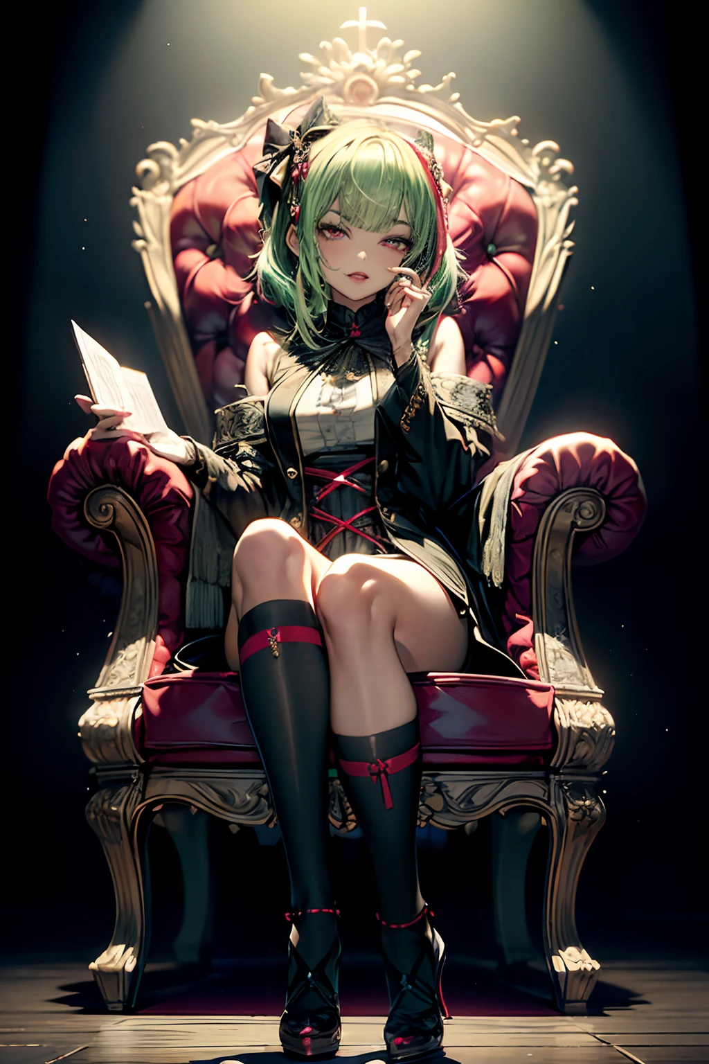 aiming at viewer, Have a pistol, pistols, (masterpiece)、(top-quality)、a throne、cross one's legs、Put your hand in your crotch、
makeup, red blush, 耳环, heart mark, high-heels, 1girl in, florals, the bow,looking in camera、Ahegao ( Silly / Sexual ecstasy)、Cross-eyed、Stranger、View other people、Blunt bangs、 over-kneehighs,Ahegao , Silly,Sexual ecstasy,Drunken eyes,Blunt bangs, Black hair,(masutepiece:1.2, Best Quality), (finely detailed beautiful eye: 1.2), (Detailed background,Dark Fantasy), (beautifull detailed face), High contrast, (Best Illumination, extremely delicate and beautiful), ((Cinematic Light)), Colorful, Hyper Detail, Dramatic light, Intricate details,