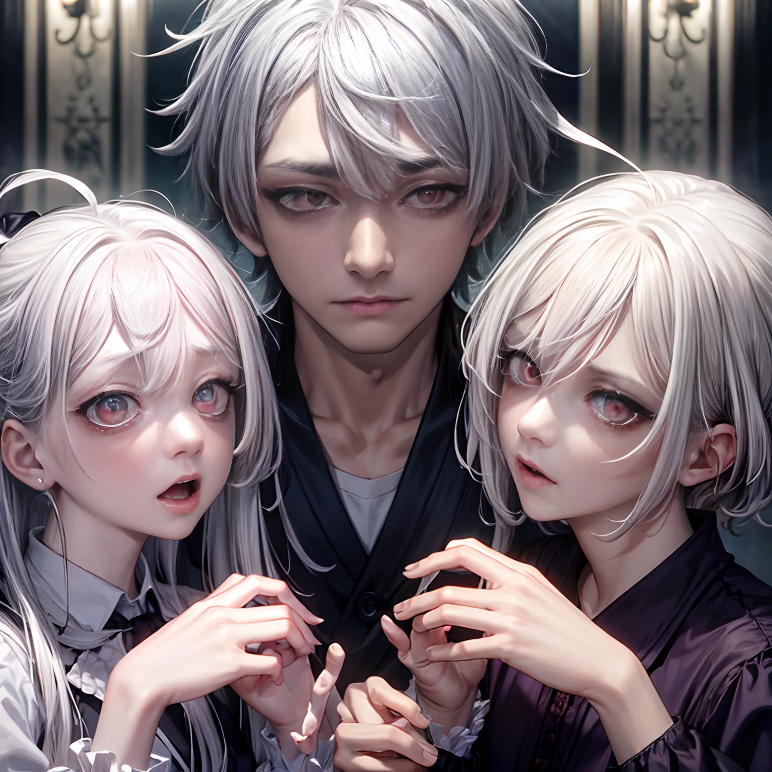 2 Parents,Inside the mansion,Clothes are tattered,White hair, White hair, constricted pupil, crying with eyes open, parted lip, Scared, Nervous, Surprised, symetry, Cowboy shot,Animate