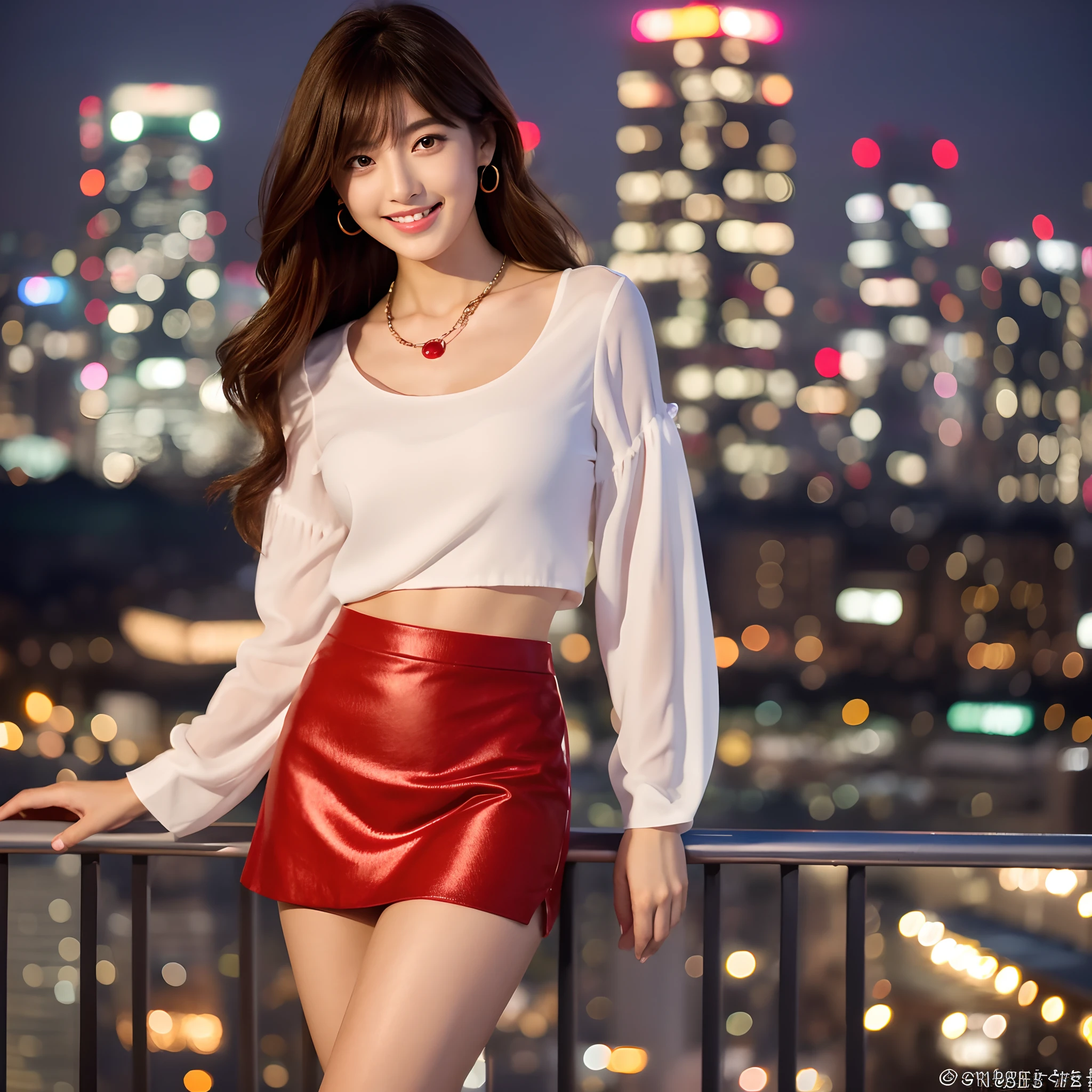 Beautiful woman similar to Chinatsuki Wakatsuki、8k、32k、Very delicate face, skin and hair、White blouse with tight skirt、FULL BODYSHOT、Bright red high heels、muscular legs、a necklace、Excellent style、semi long hair、Brown hair close to black、lovely smile、Tokyo at night in the background、Beautuful Women