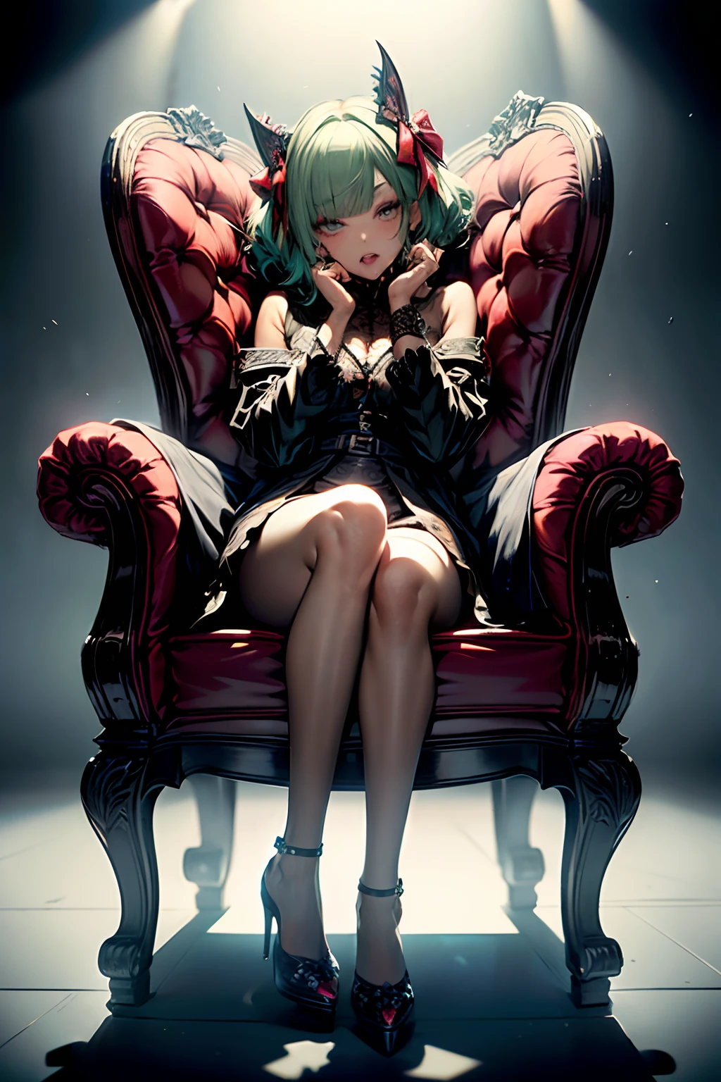 (masterpiece)、(top-quality)、a throne、cross one's legs、Put your hand in your crotch、
makeup, red blush, 耳环, heart mark, high-heels, 1girl in, florals, the bow,looking in camera、Ahegao ( Silly / Sexual ecstasy)、Cross-eyed、Stranger、View other people、Blunt bangs、 over-kneehighs,Ahegao , Silly,Sexual ecstasy,Drunken eyes,Blunt bangs, Green hair,(masutepiece:1.2, Best Quality), (finely detailed beautiful eye: 1.2), (Detailed background,Dark Fantasy), (beautifull detailed face), High contrast, (Best Illumination, extremely delicate and beautiful), ((Cinematic Light)), Colorful, Hyper Detail, Dramatic light, Intricate details,