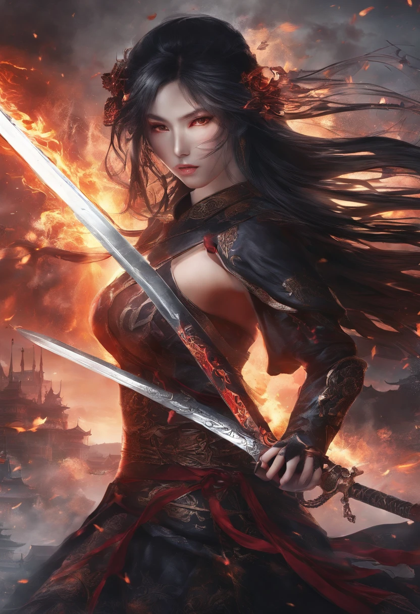 Best quality,masterpiece,ultra high res,(photorealistic:1.4),xiuxian,hyper-realistic fire effect,detailed face,
1girl,long sword,long hair,cleavage,high slit,(fiery aura:1.2),fire magic,beautiful girl,glowing eyes,full body,chinese architecture,heavy snow,combat,battlefield,blood-stained,heavy fighting in background,wuxia,