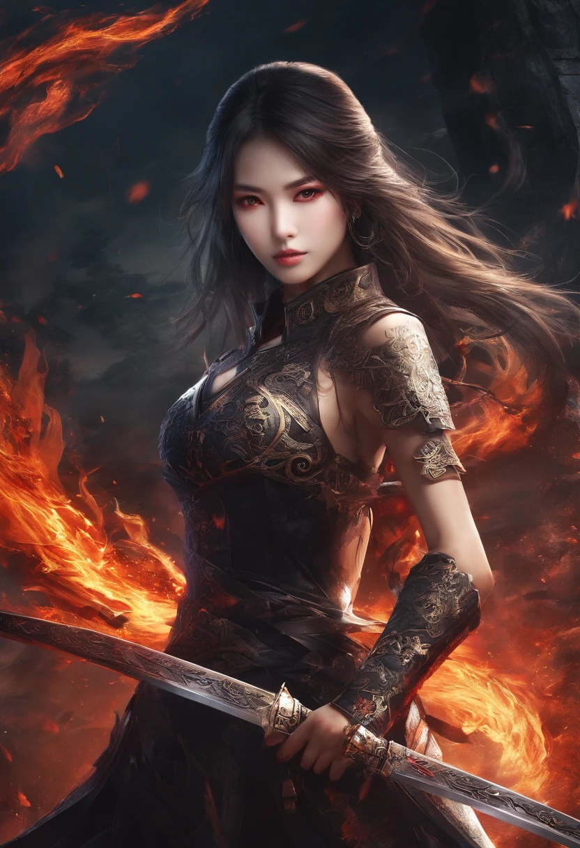Best quality,masterpiece,ultra high res,(photorealistic:1.4),xiuxian,hyper-realistic fire effect,detailed face,
1girl,long sword,long hair,cleavage,high slit,(fiery aura:1.2),fire magic,beautiful girl,glowing eyes,full body,chinese architecture,heavy snow,combat,battlefield,blood-stained,heavy fighting in background,wuxia,
