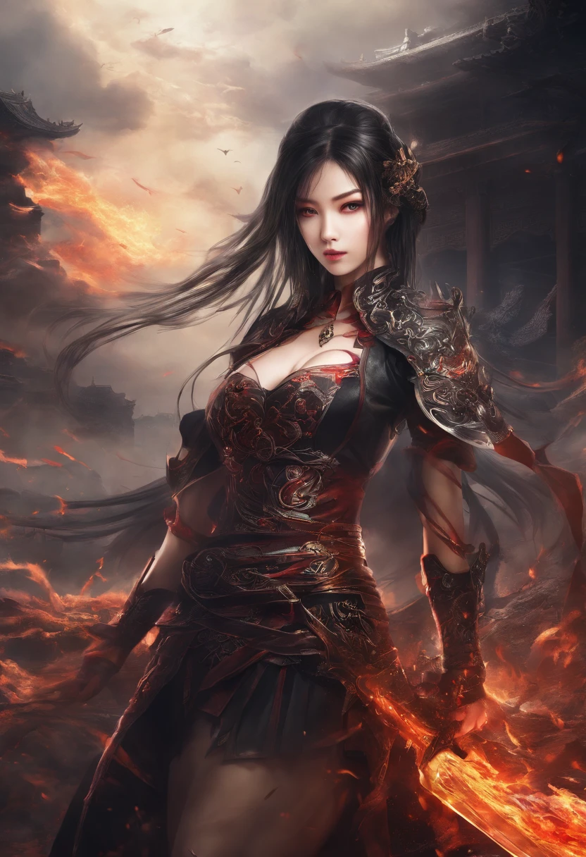 Best quality,masterpiece,ultra high res,(photorealistic:1.4),xiuxian,hyper-realistic fire effect,detailed face,
1girl,long sword,long hair,cleavage,high slit,(fiery aura:1.2),fire magic,beautiful girl,glowing eyes,full body,chinese architecture,heavy snow,combat,battlefield,blood-stained,heavy fighting in background,wuxia,