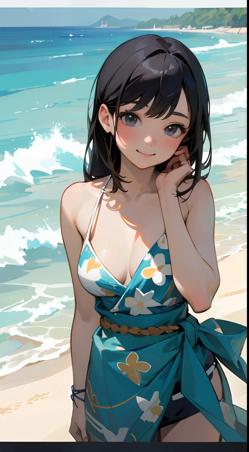 masterpiece、top-quality、Realisticity、Cinema Angle、hposing Gravure Idol、1 beautiful girl、cute face、A smile、年轻、Bikini swimsuit with abstract pattern、(Wrap an abstract pattern paleo skirt around your waist)、sexypose、Tropical、beach side、Against the background of the sea、blur backgroun、