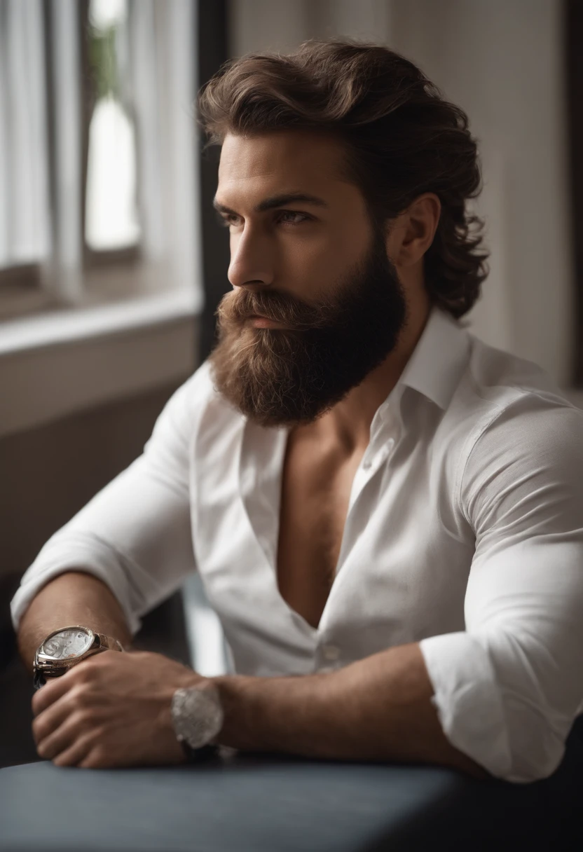 Man with beard and white shirt posing for photo, poitrine poilue, hairy shoulders, sparse chest hair, poil, Strong male characteristics, Very attractive man with beard, Bel homme barbu, Torse poilu partiellement masculin, Barbu, coarse beard, Male characteristics, Curly beard, bearded and built, Poitrine poilue et corps poilu, barbe pleine, Perfect details, ultra realist, yeux bleus