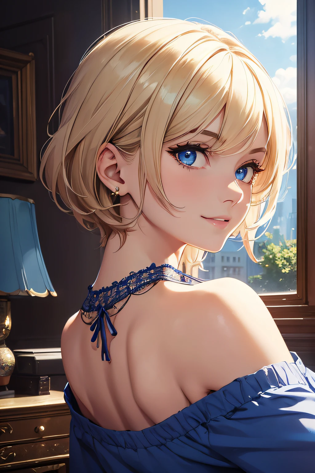 (best quality), (masterpiece), (high resolution), (intricate details:0.2),(professional lighting), room, detailed background, over sized blue t shirt, off shoulder, (previous view), 1girl, solo, (beautiful face:1.40), slim body, fine skin, smile, short wolf cut blonde hair, sky blue eyes, (Medium beasts:1.10), see at viewer,