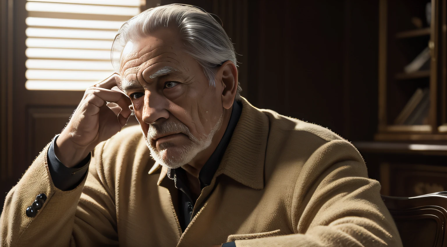 (4k), (masterpiece), (best quality),(extremely intricate), (realistic), (sharp focus), (cinematic lighting), (extremely detailed), AN OLDER MAN, SITTING, THOUGHT, LOOKING WISE