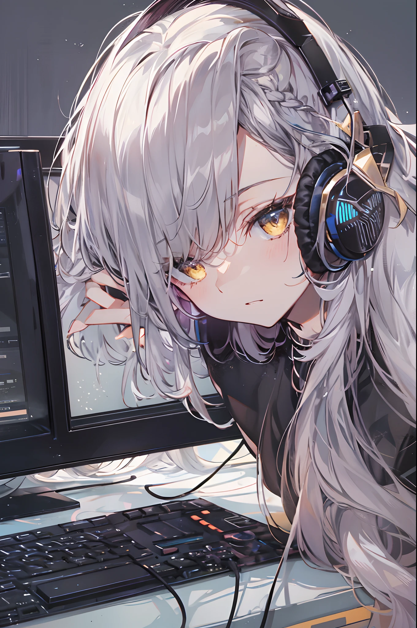 Woman using computer with big screen、silber hair、Semi-long hair、Wearing cool headphones,{{{{{{{{ Black Parker Oversize }}}}}}}},beautiful and delicate golden eyes,Thinking,Black clothes,
