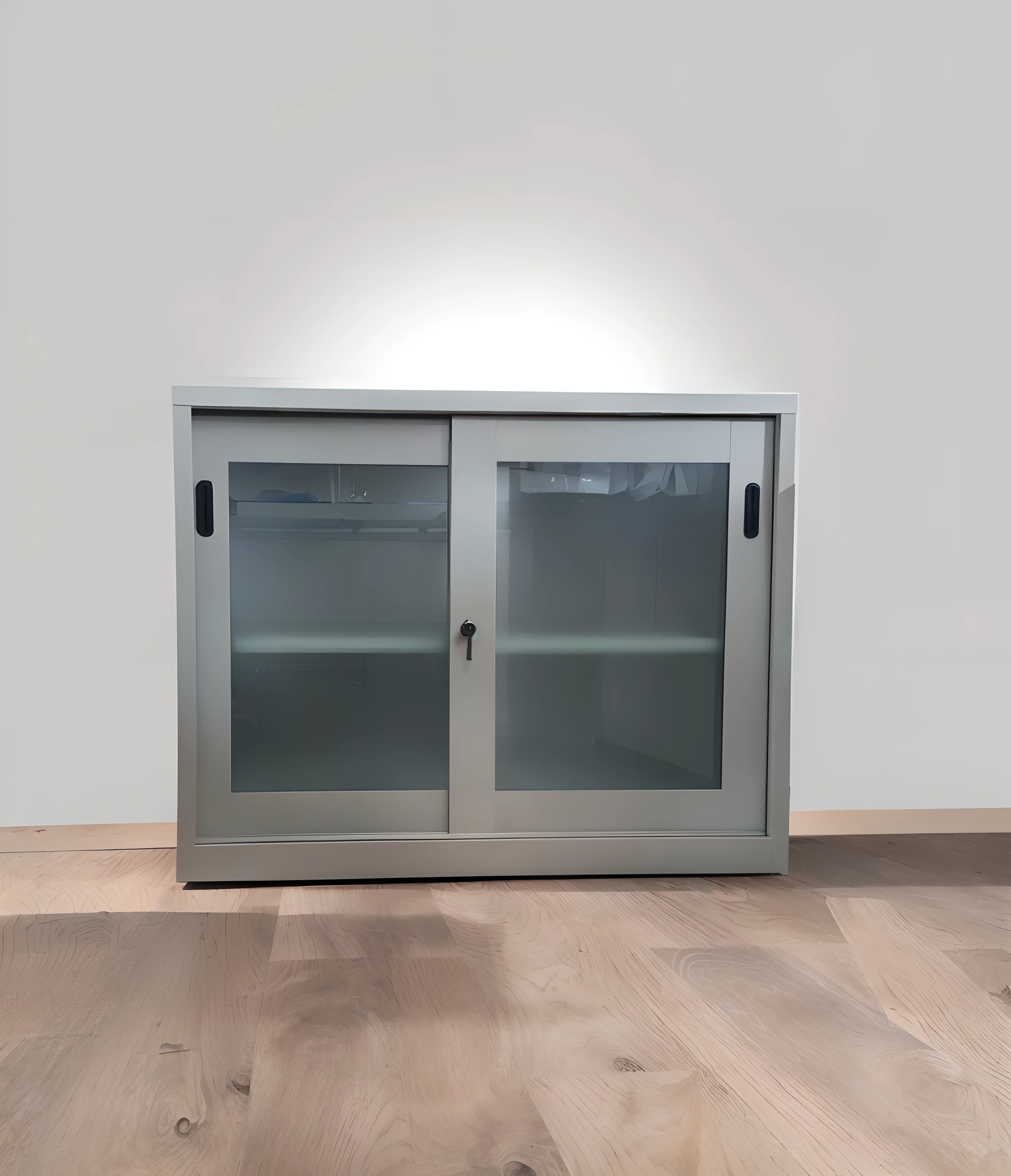 There is a glass door with a sliding door on the side, Glass nesting doors, cabinet furniture, lockers, janelas de vidro deslizantes, foto do produto, vitrine, Vitrine Educacional, foto do produto, lockers, imagem detalhada do produto, estante curta, alto detalhe, foto do produto de alta qualidade, parede de vidro transparente, wooden cabinet, pequeno, electronic box display, Interior, imagem frontal