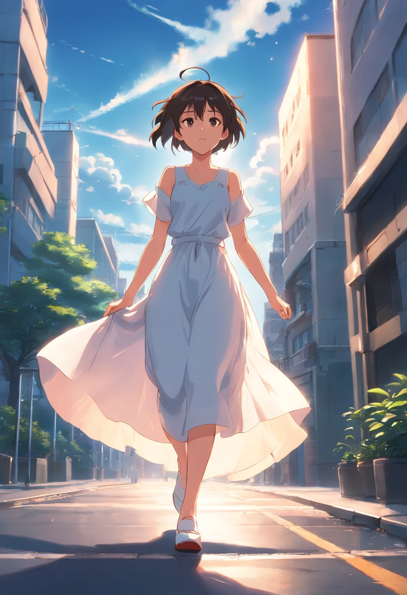 the girl was crying while running, she was wearing a long white dress, she was also wearing white high heels, she was wearing a princess crown, she was a royal princess, she was outside the palace, in there are roads and residential areas, her hair is black and in a bun, the atmosphere is very lively, the sky feels tense, in the sky there is also a powerful force, very realistic, extremely detailed