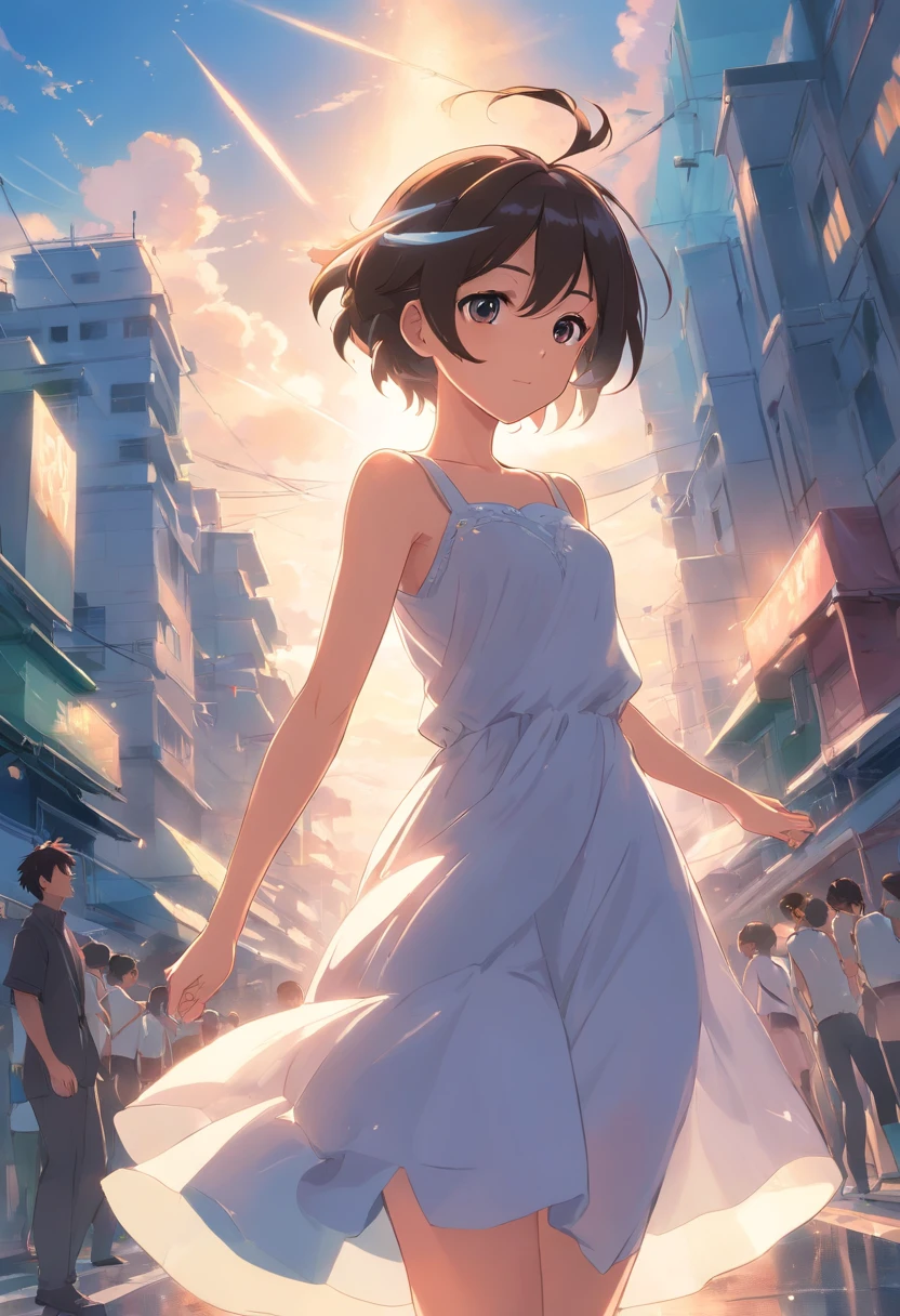 the girl was crying while running, she was wearing a long white dress, she was also wearing white high heels, she was wearing a princess crown, she was a royal princess, she was outside the palace, in there are roads and residential areas, her hair is black and in a bun, the atmosphere is very lively, the sky feels tense, in the sky there is also a powerful force, very realistic, extremely detailed