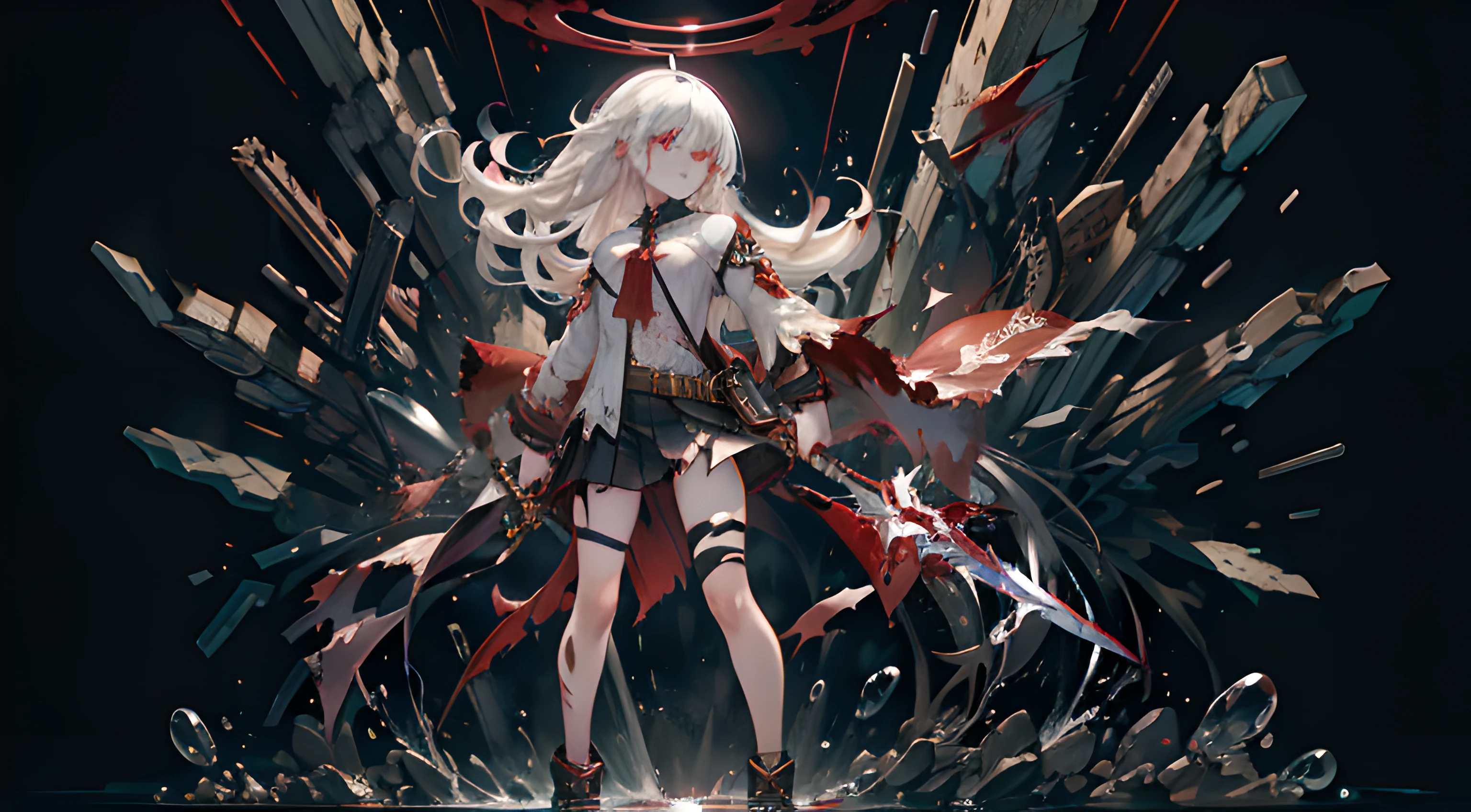 (masterpiece, best quality, amazing:1.4), ((1girl)), finely detail, depth of field, dark background, dramatic lighting, dynamic angle, (dynamic pose:1.2), (full body), perfect anatomy, perfect hand, (white hair), red streaked hair, (red eyes), (((with sword))), angry face, (smirking), unamused, ((torn clothes)), beautiful detailed eyes, (blood drop), blood fog, floating hair, light shafts, soft focus, (character focus), (disheveled hair), long bangs, hairs between eyes, looking at viewer, glowing hair, floating, (splashing blood), long hair, (bloodstain), (battle scars), menacing