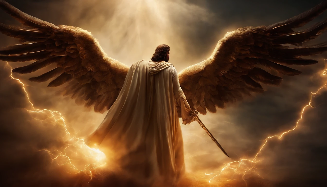 uma imagem do anjo Miguel Arcanjo, with a sword standing in hell, Anjo no inferno, arcanjo, angels vs demons, angel watching demon, angels and demons, anjo protegendo o homem, Arcanjo Miguel, O Anjo da Morte, Battle between angels and demons, anjo super largo, epic angel wings, angels protecting a praying man, necessidade humana anjo da morte. ((imagem epica)), ((alta qualidade)), olhos claros brilhantes, Biomechanicals, estranho, assustador, Pesadelo, cores muito brilhantes, light particles, com luz brilhante, Mshiff, Arte do papel de parede, Papel de parede UHD, Arcanjo olhos claros brilhantes, Biomechanicals, estranho, assustador, Pesadelo, cores muito brilhantes, light particles, com luz brilhante, Mshiff, Arte do papel de parede, Papel de parede UHD