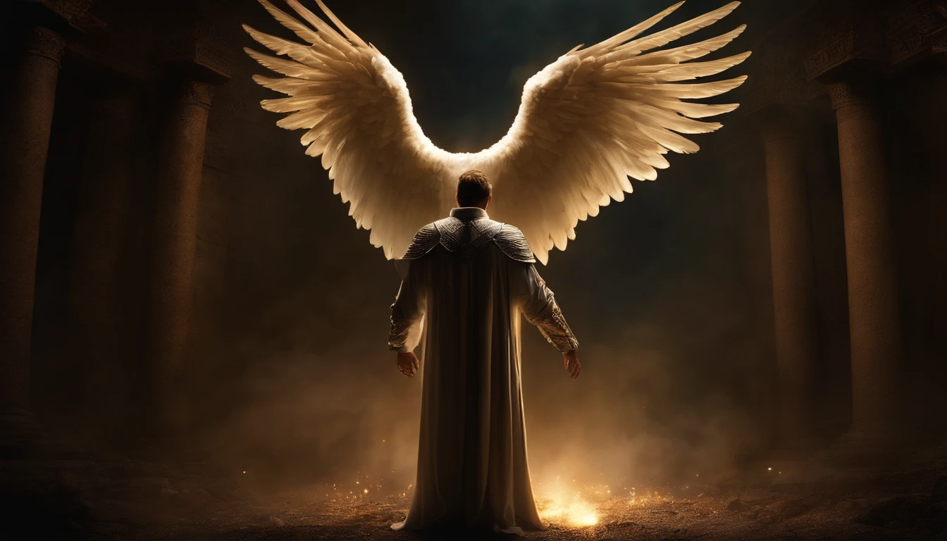 uma imagem do anjo Miguel Arcanjo, with a sword standing in hell, Anjo no inferno, arcanjo, angels vs demons, angel watching demon, angels and demons, anjo protegendo o homem, Arcanjo Miguel, O Anjo da Morte, Battle between angels and demons, anjo super largo, epic angel wings, angels protecting a praying man, necessidade humana anjo da morte. ((imagem epica)), ((alta qualidade)), olhos claros brilhantes, Biomechanicals, estranho, assustador, Pesadelo, cores muito brilhantes, light particles, com luz brilhante, Mshiff, Arte do papel de parede, Papel de parede UHD, Arcanjo olhos claros brilhantes, Biomechanicals, estranho, assustador, Pesadelo, cores muito brilhantes, light particles, com luz brilhante, Mshiff, Arte do papel de parede, Papel de parede UHD