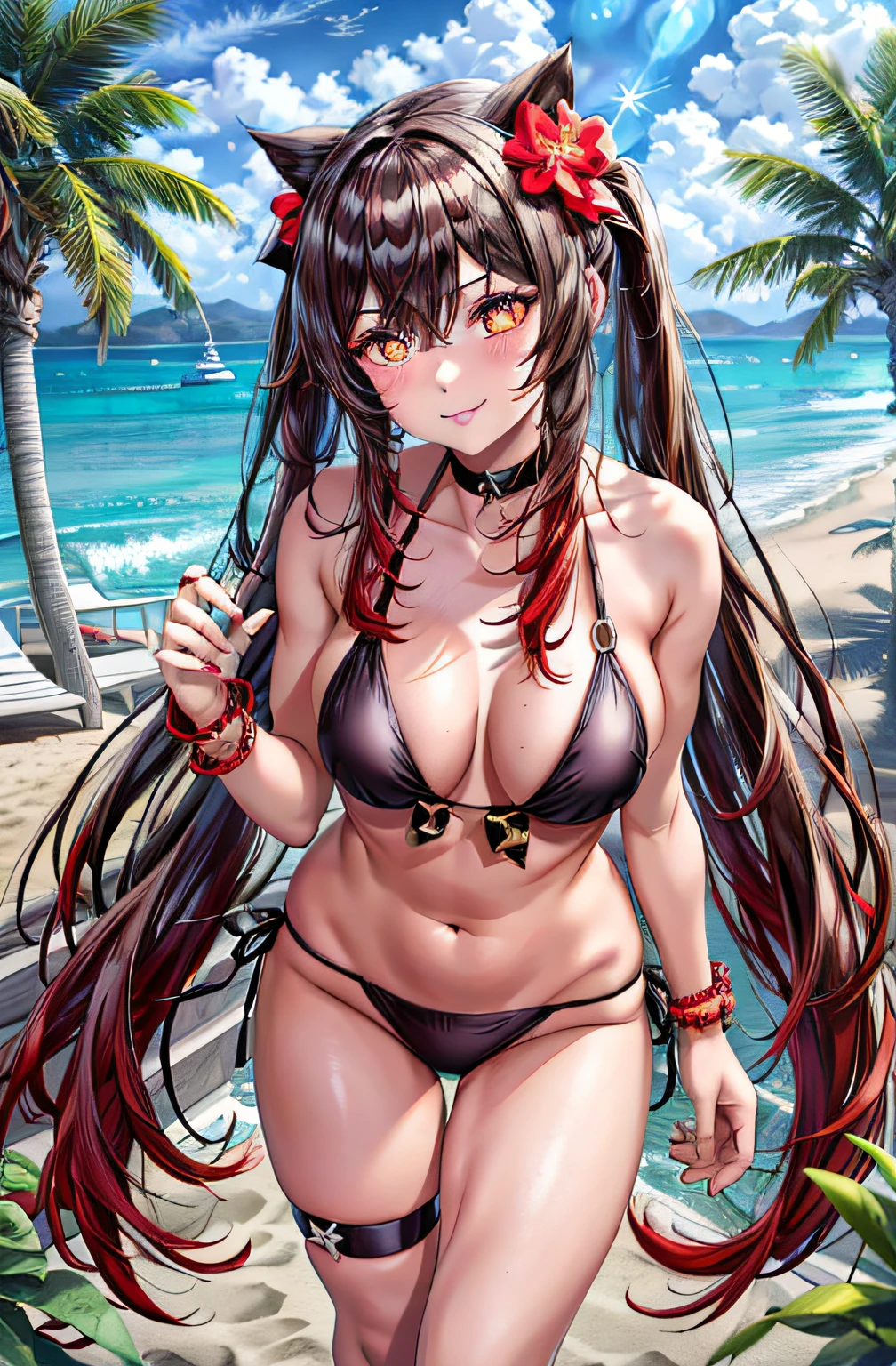 best quality, Ultra High Resolution, 1girl, small black bikini, black choker, ((sarcastic)), (long red brown hair:1), ((swollen eyes)), look at me, full body, Smile at me, eyes red, ((flower pupils)), beautiful, on the beach, standing, muscular belly, thick and muscular thighs, love me with all your heart