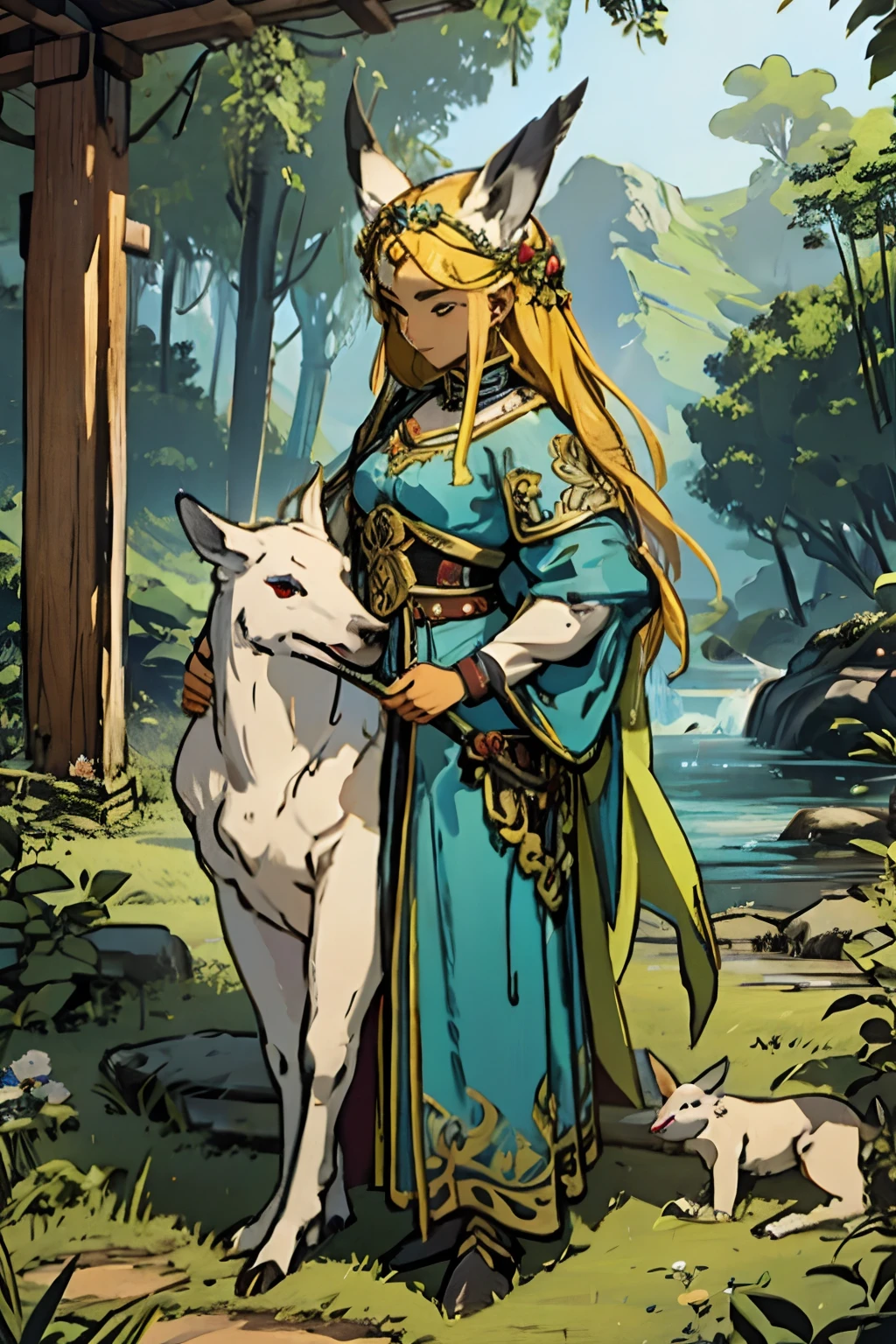 mulher druida com cajado e animais