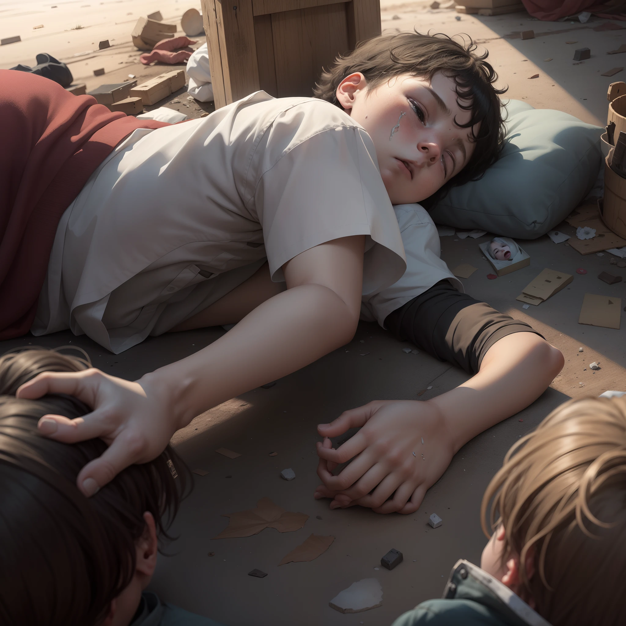 A mourns his dead mother, lying down, and around him his whole town is destroyed