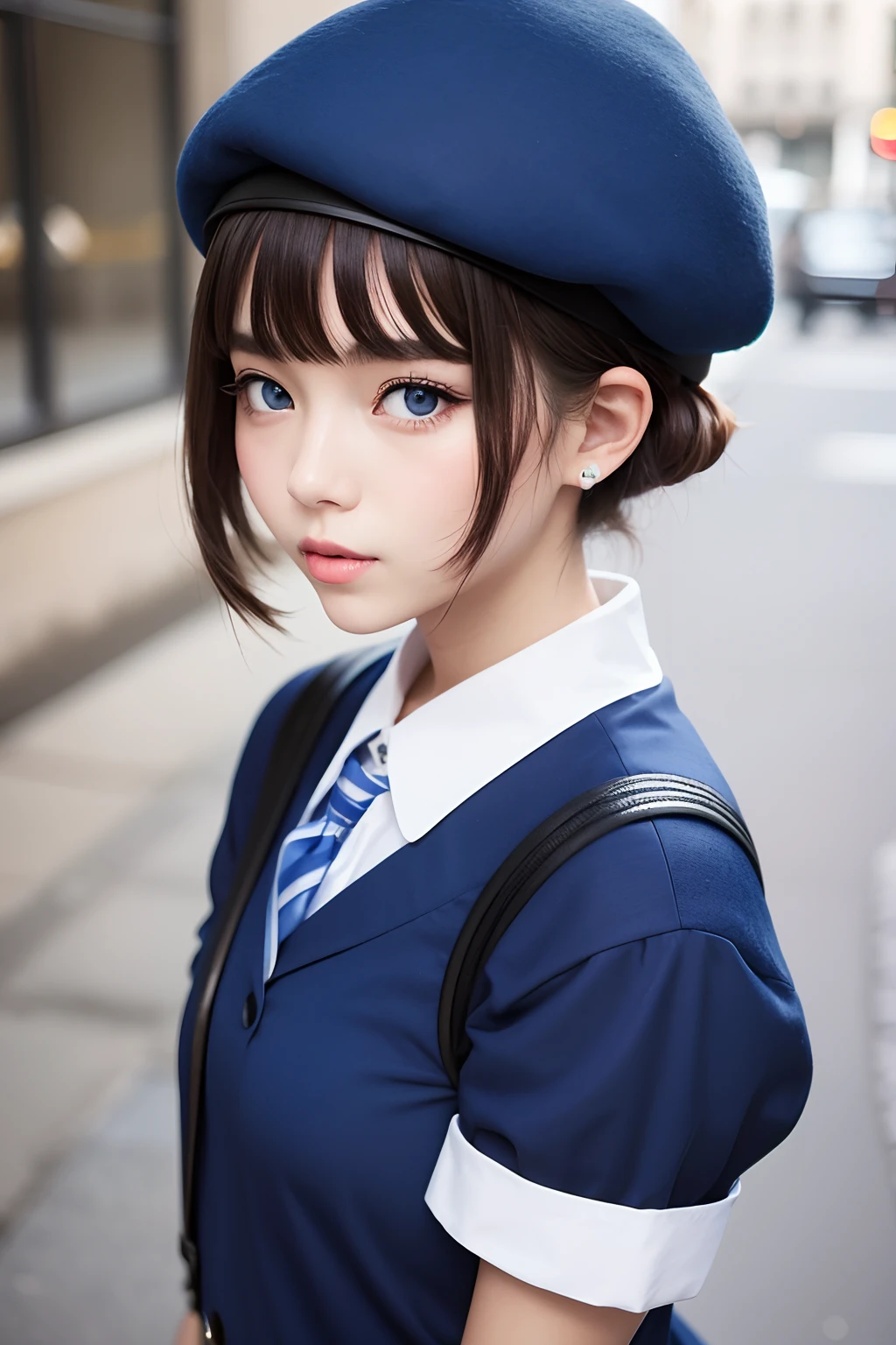 Short-cut blue-eyed fashionable schoolgirl wearing beret