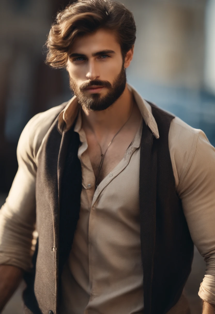 20 year old man with beard, hairy chest, hairy shoulders, sparse hair on chest, hair, strong masculine features, very attractive man with beard, handsome bearded man, partly hairy male torso, bearded, stubble, male features, curly beard, details Perfect, very realistic, blue eyes, Arabic features, random summer clothes