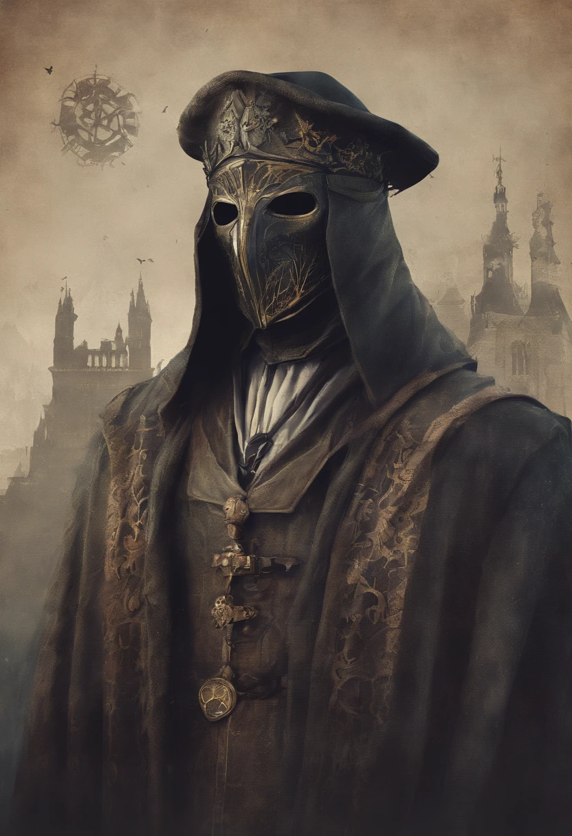 A doctor from the time of the scary plague with medieval clothes and the classic mask of the time with the pointed beak.