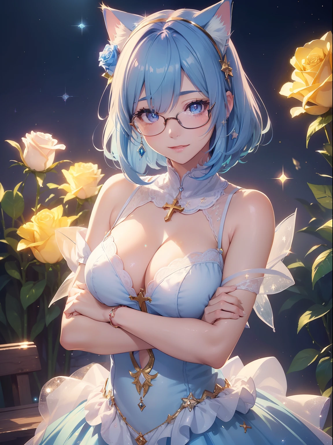 masutepiece, High resolution, 8K, anime woman, Delicate and detailed writing 、Detailed digital illustration、(((Pixie Bob)))、Shiny hair、a very beautiful woman、Eyes are double, Large,、 Bust is D cup、High image quality, High quality、Detailed background、The inside of the eye shines like a diamond、(((Blue hair)))、(((swept bangs)))、Gradient pupil、(((2 arms、4 fingers, 1 thumb)))、Detailed female face、a very beautiful woman、、细致背景、​masterpiece、Soft Focus , Bright gradient watercolor , Lens Flare , (((Glitter))) , Glow , Dreamy ,Idol、Light blue ribbon、((Very beautiful light blue rose hair accessories))、White and light blue and golden costume、(((wears glasses)))、intelligent woman,、((Full smile))、((Macro for the eyes))、(((Cat's ears、Sexy Cat Costumes)))、(((Holding a cat)))、Star-to-star background、Star-filled sky、Lots of stars、Glitter background、(((Don't touch it、Cross your arms behind your back)))、1girl in,1cat