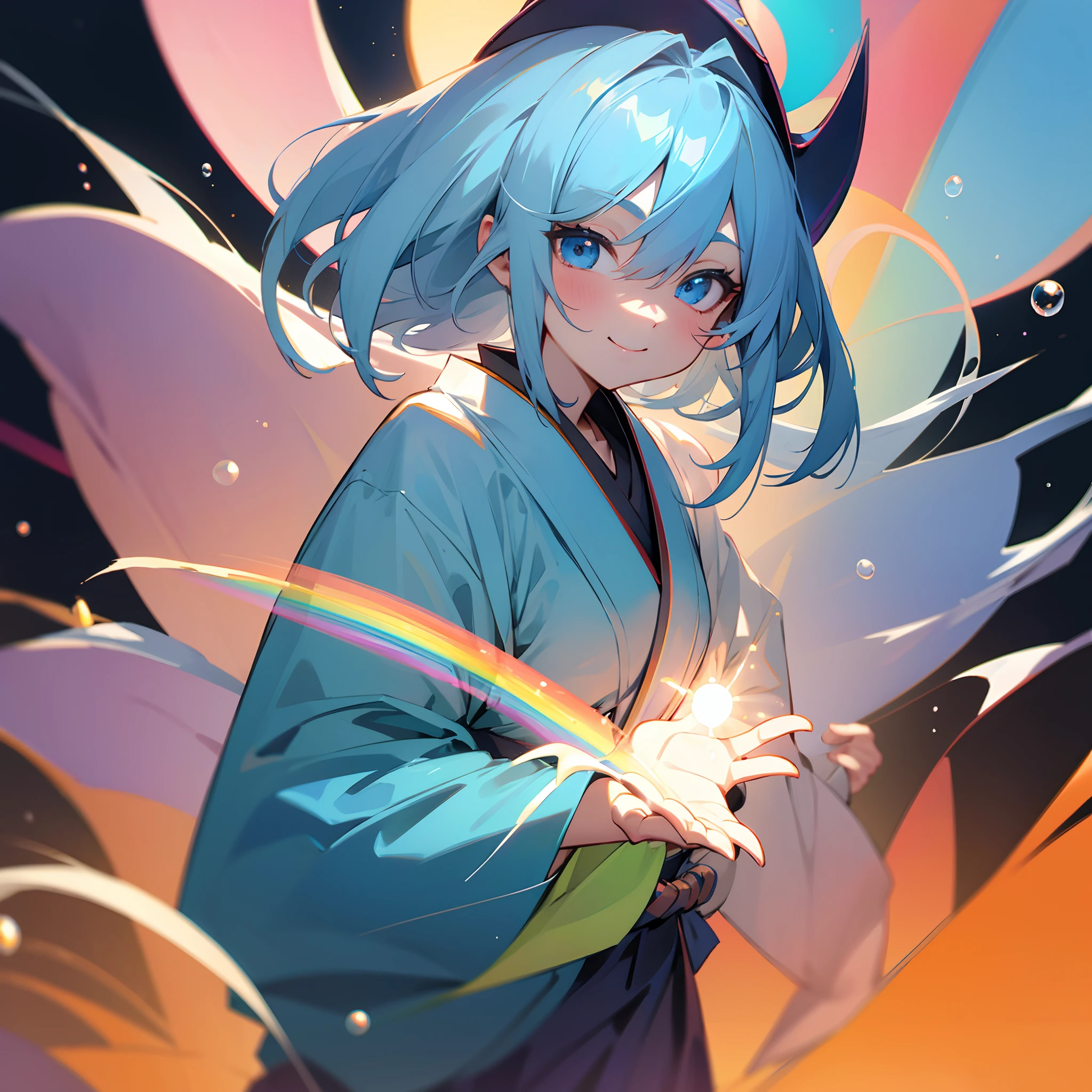 Dark Magician Girl、MKSKS style、独奏、(highly detailed back ground:1.0)、(highly detailed back ground:1.0)、​masterpiece、top-quality、超A high resolution、in 8K、BREAK、(1/Two-color and one-color light gray,/2 Light blue hair)、BREAK、Detailed clothing、Cute kimono、Detailed skin、glowy skin、A detailed eye、Blue eyes、looking in camera、Burning cheeks、Smile、Large breasts、BREAK、(Soap bubbles:1.2、rainbows)、Daytime、dynamic ungle