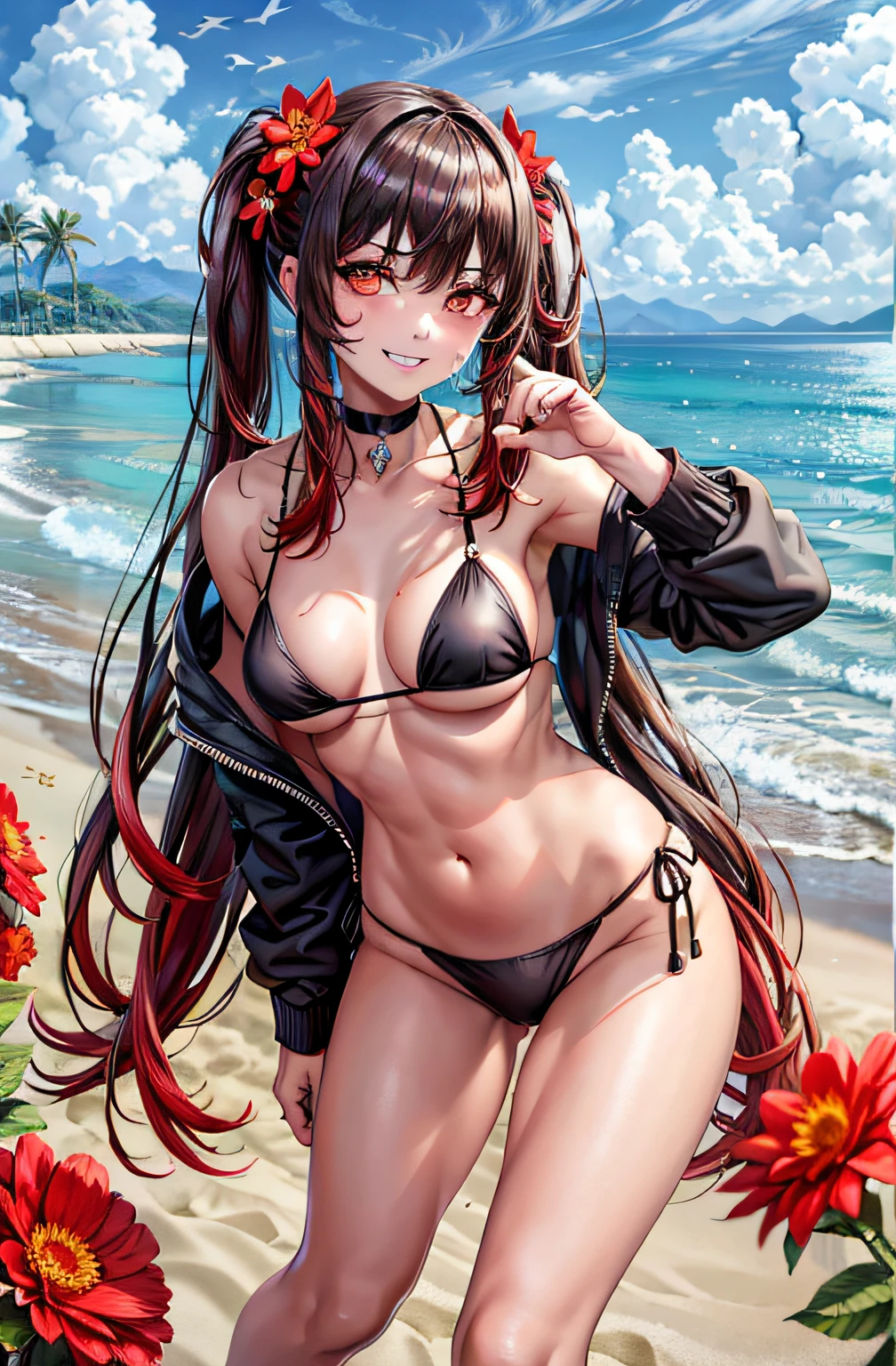 best quality, Ultra High Resolution, 1girl, small black bikini, black choker, ((sarcastic)), (long red brown hair:1), ((swollen eyes)), look at me, full body, Smile at me, eyes red, ((flower pupils)), beautiful, on the beach, standing, muscular belly, thick and muscular thighs, showing her big ass to me