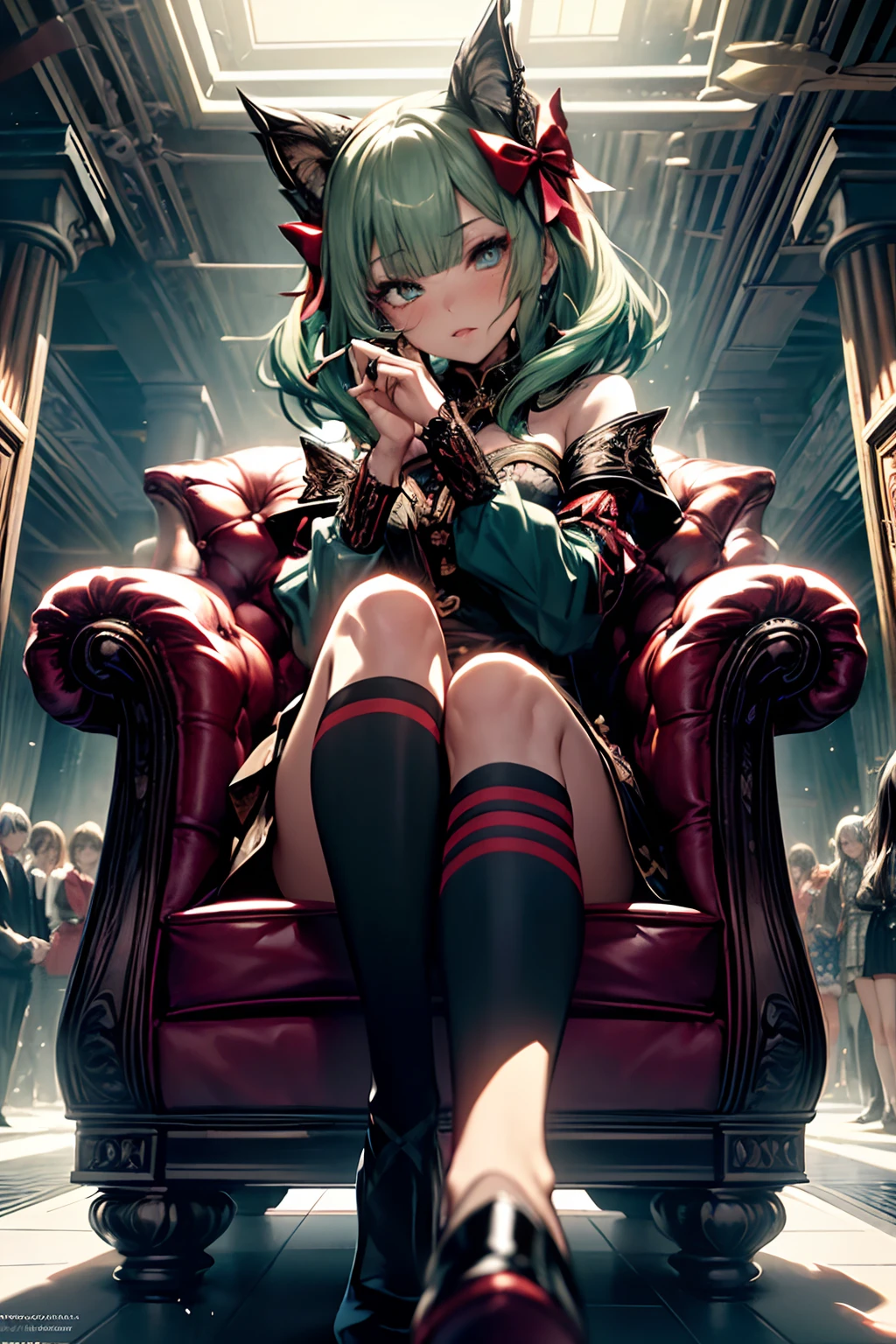 aiming at viewer, Have a pistol, pistols, (​masterpiece)、(top-quality)、a throne、cross one's legs、Put your hand in your crotch、
makeup, red blush, 耳环, heart mark, high-heels, 1girl in, florals, the bow,looking in camera、Ahegao ( Silly / Sexual ecstasy)、Cross-eyed、Stranger、View other people、Blunt bangs、 over-kneehighs,Ahegao , Silly,Sexual ecstasy,Drunken eyes,Blunt bangs, Green hair,(masutepiece:1.2, Best Quality), (finely detailed beautiful eye: 1.2), (Detailed background,Dark Fantasy), (beautifull detailed face), High contrast, (Best Illumination, extremely delicate and beautiful), ((Cinematic Light)), Colorful, Hyper Detail, Dramatic light, Intricate details,