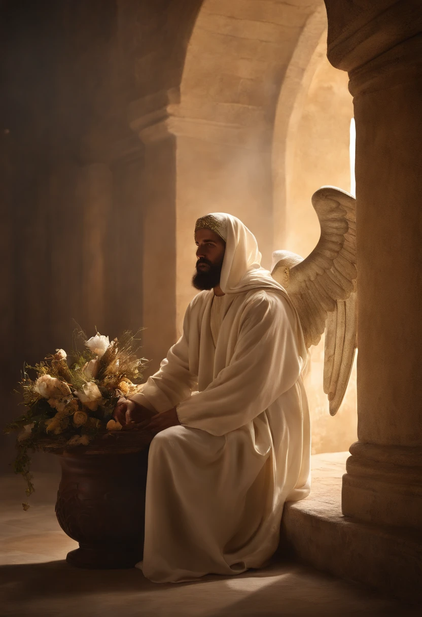 "Por favor, create a hyper-realistic photographic image that depicts the moment when the angel Gabriel communicates to John, dressed in Muslim costumes from the time of the Roman Empire and with his hair covered, que ele cresceria como um homem justo e se tornaria um profeta de Deus. The angel reveals that John's role would be to teach about Jesus Christ.
Na cena, John expresses a countenance of happiness and acceptance in the face of the divine mission entrusted to him. The photography is extremely realistic, with specular illumination, volumetric facial light and visible shadows, destacando detalhes intrincados. The image is elaborate and hyper-realistic, transmitting not only the cultural richness of the time, but also the spiritual importance associated with the biblical narrative. The scene captures John's determination and serenity in the face of God's call to teach about Jesus Christ."