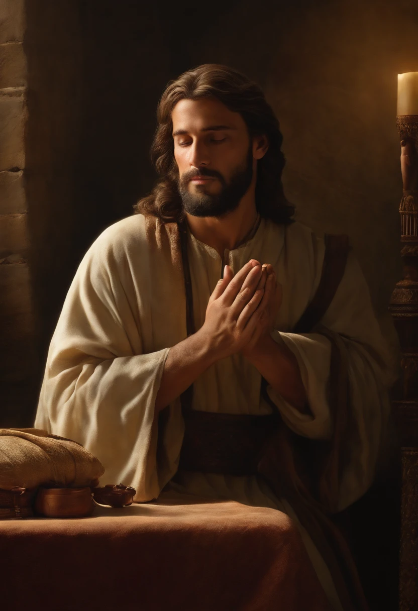 "Por favor, create a hyper-realistic photographic image that depicts the moment when the angel Gabriel communicates to John, dressed in Muslim costumes from the time of the Roman Empire and with his hair covered, que ele cresceria como um homem justo e se tornaria um profeta de Deus. The angel reveals that John's role would be to teach about Jesus Christ.
Na cena, John expresses a countenance of happiness and acceptance in the face of the divine mission entrusted to him. The photography is extremely realistic, with specular illumination, volumetric facial light and visible shadows, destacando detalhes intrincados. The image is elaborate and hyper-realistic, transmitting not only the cultural richness of the time, but also the spiritual importance associated with the biblical narrative. The scene captures John's determination and serenity in the face of God's call to teach about Jesus Christ."