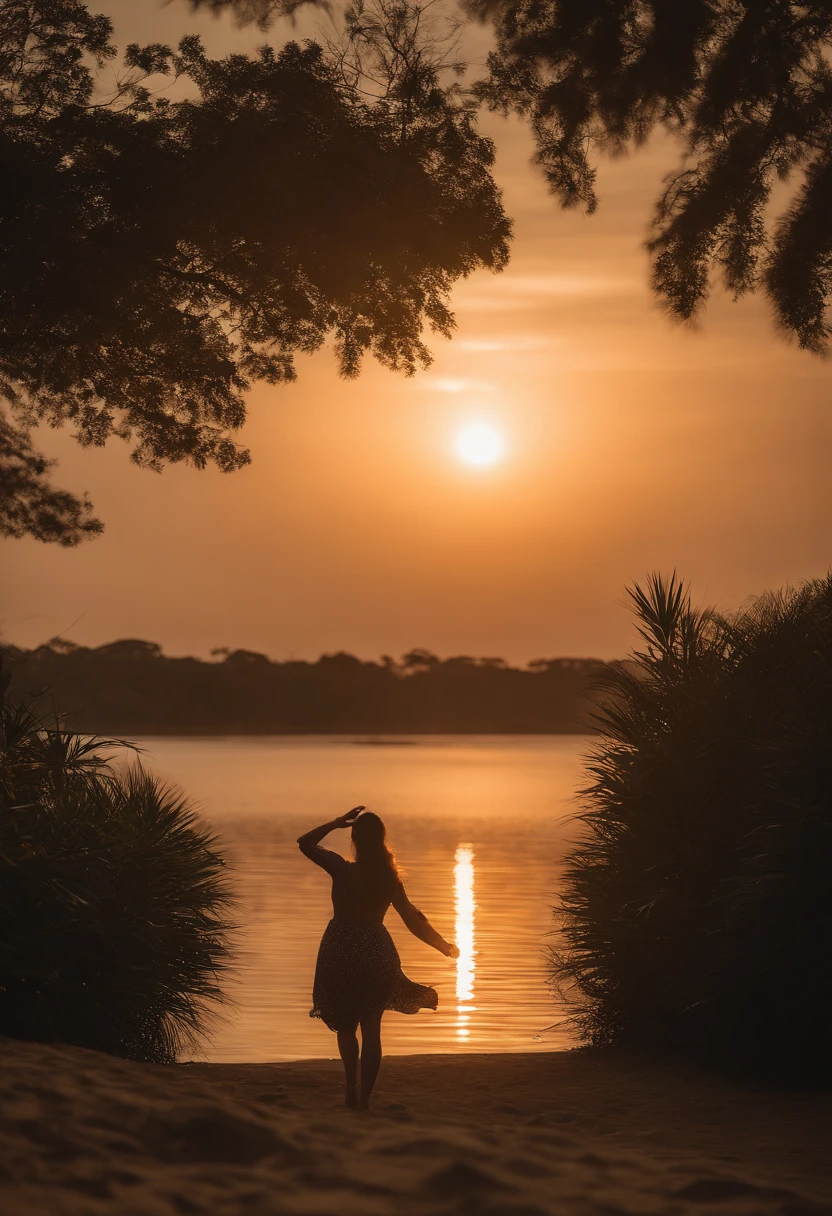 A midnight in nature waterfull sundowing with a women naked in silhouette