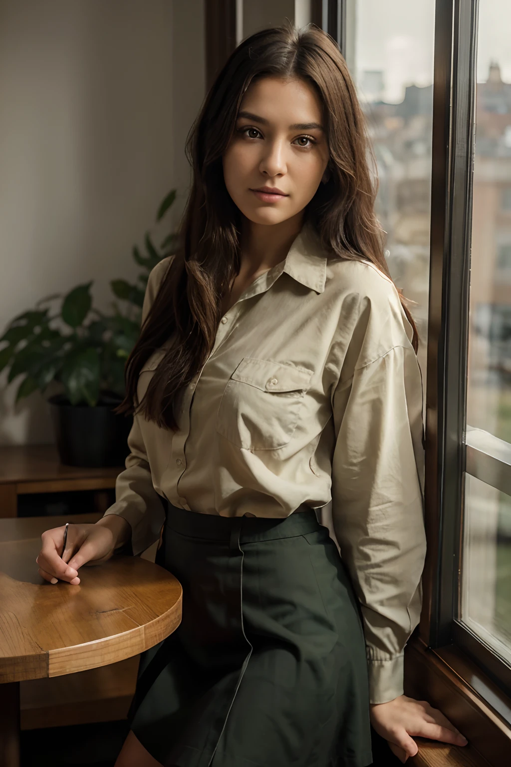 Solo, One woman of about 20 years old, black long hair, Close-up portrait, Hazel eyes, wearing solid khaki green oversized shirt, wearing short black skirt, standing near window, holding coffee in her hand, looking outside window, side pose, calm mood, sexy, mature woman, body measurement 36-25-36, height 5'7", soft lighting, morning scene, RAW Photography, 8k, , Masterpiece, Full Body Shooting, Top Quality, Fine Pore, Realistic, Photorealistic, Ultra Detailed