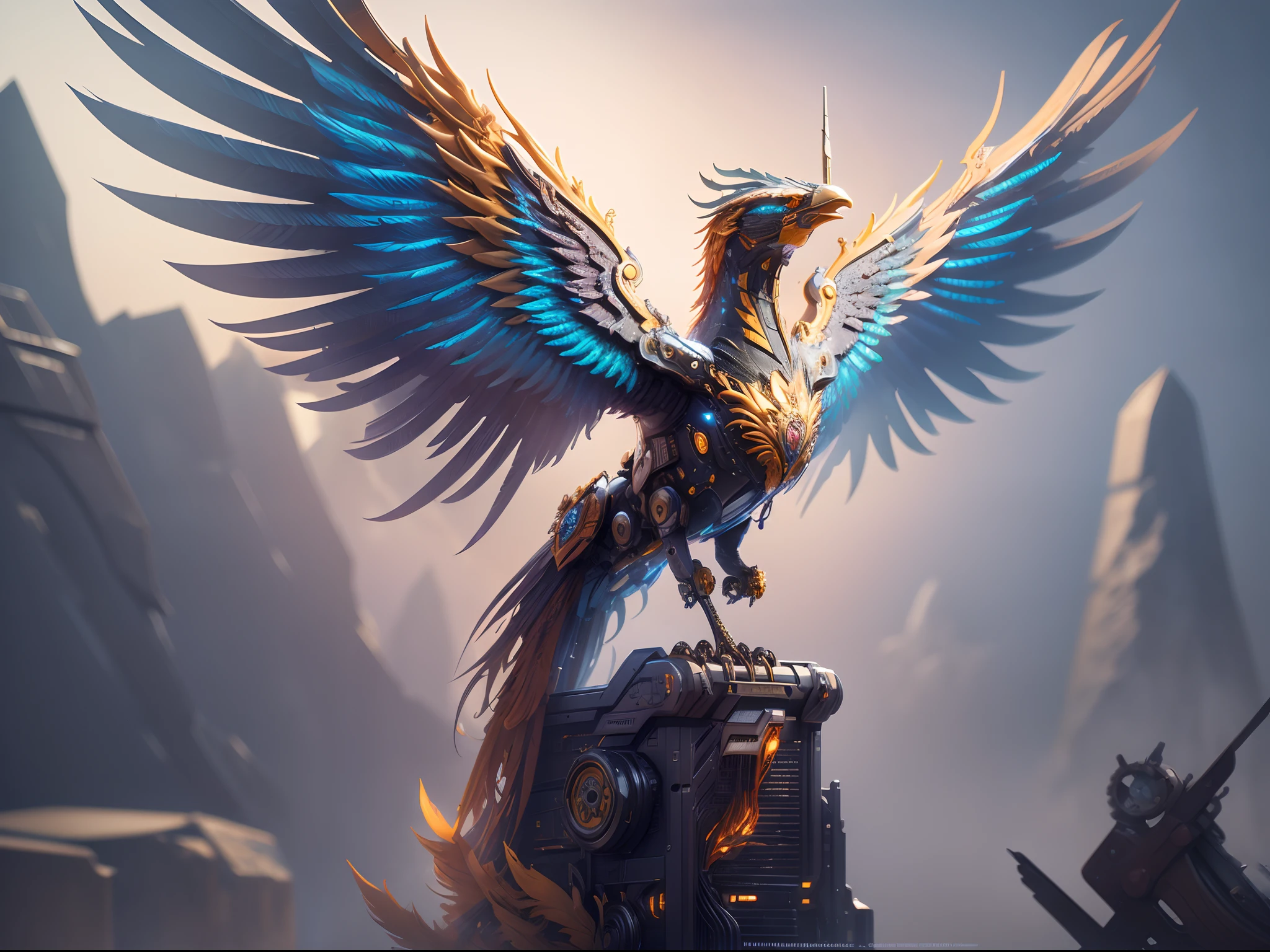 A Mechanical Phoenix with fine structures, UHD, textured skin, anatomically correct, super detail, high quality, high details, masterpiece, highres，cyber punk perssonage，Confidential instruments，Gear structure，Wings of Steel