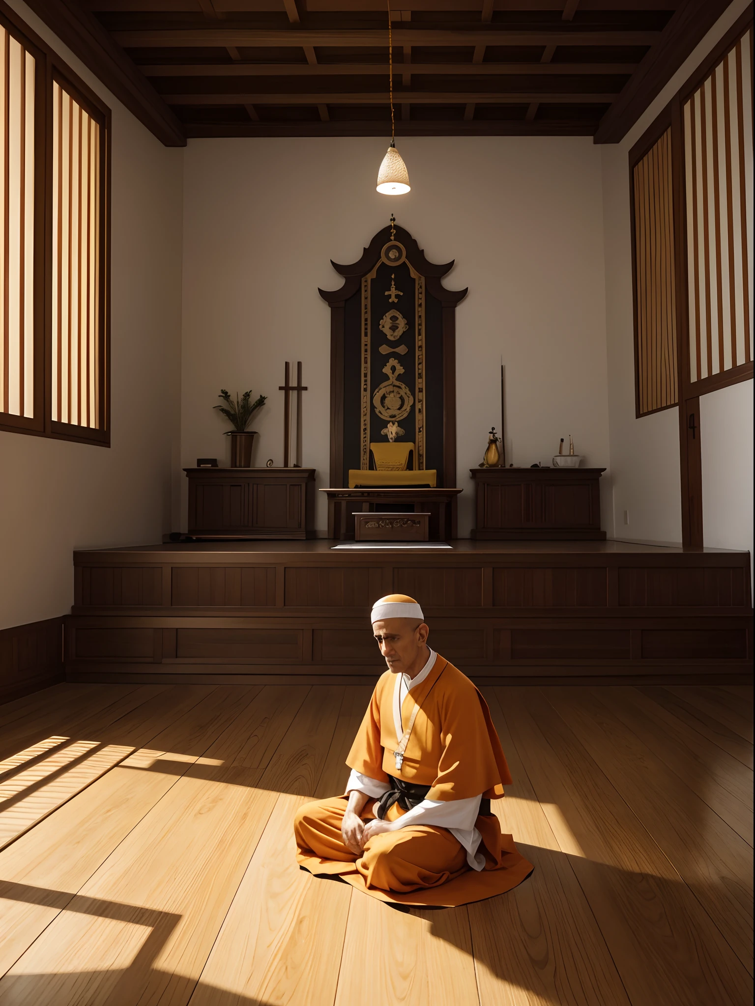 Crie um monje budista, sentado  ,com vestimenta da cor s laranja, em uma sala zen, with wooden floor   , 4K ultra-high-definition image