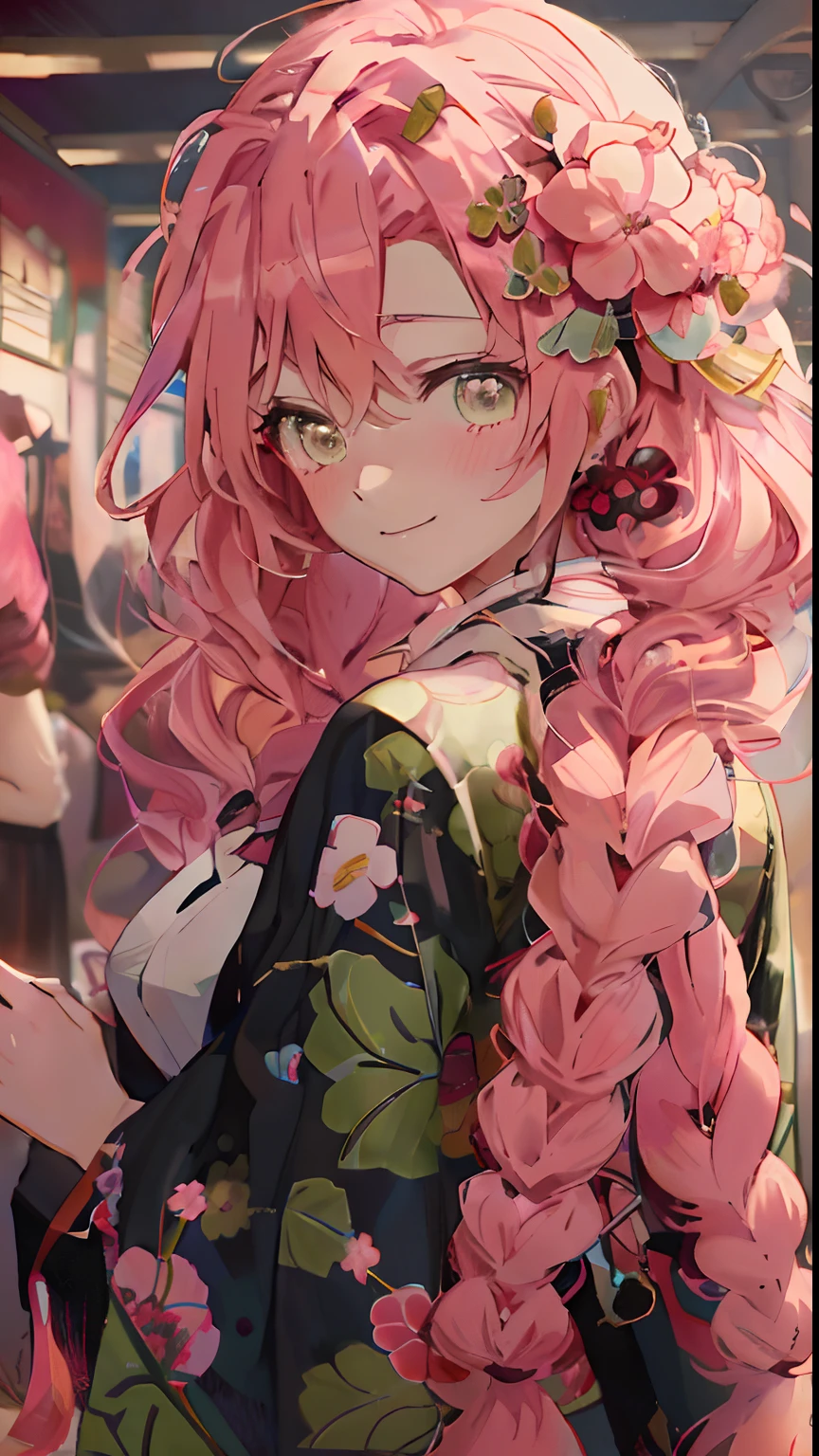 Mitsuri Kanroji , Demon slayer animeanime girl with pink hair and flowers in her hair, detailed digital anime art, beautiful anime portrait, anime visual of a cute girl, beautiful anime art style, anime style 4 k, clean detailed anime art, guweiz, beautiful anime girl, cute anime girl, beautiful anime artwork, detailed portrait of anime girl, beautiful anime art, pretty anime girl