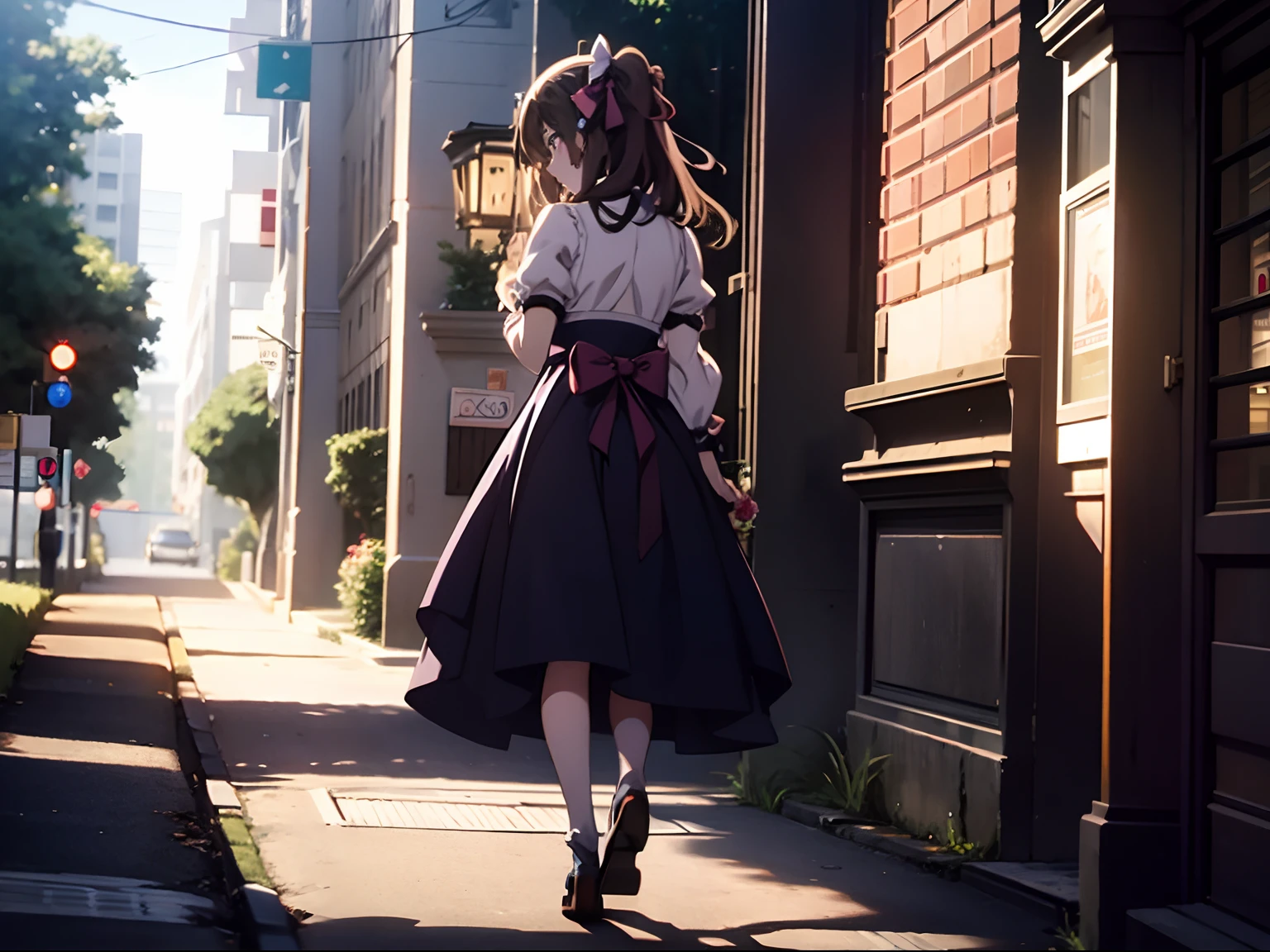 In the mansion，one-girl，Side Body，full bodyesbian，Princess shoes have bows on them，Hand on the wall，Brown hair, Hair Bow, aqua eyes, There are tears on the face，Earrings, anime big breast, Cinematic lighting,  8K, Best quality, A high resolution，On the street，Run，Wide shot, From behind, Bokeh