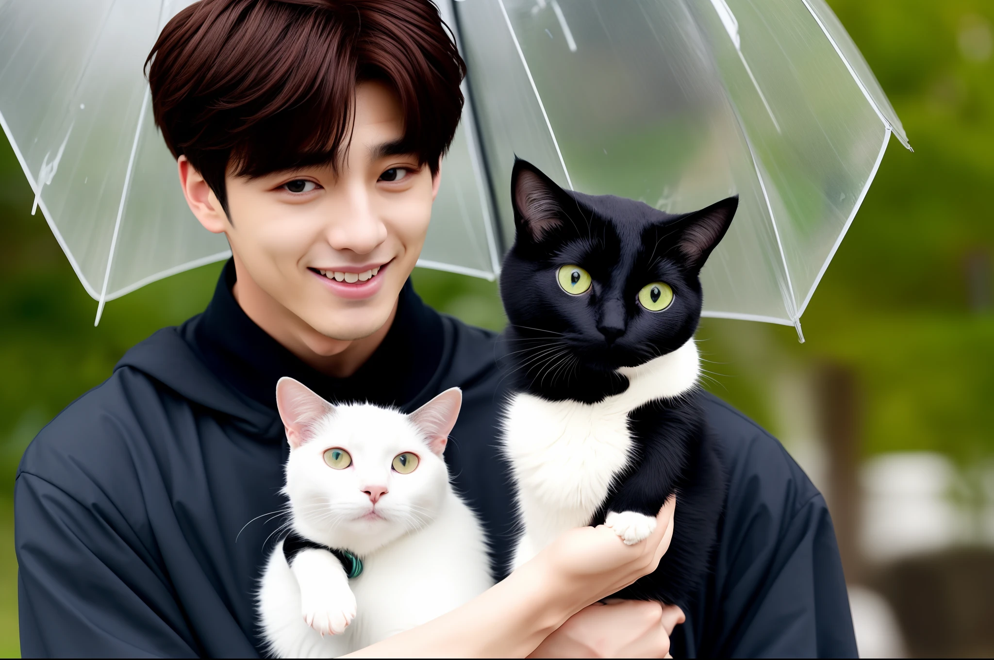 Jungkook BTS holding a cat under the rain
