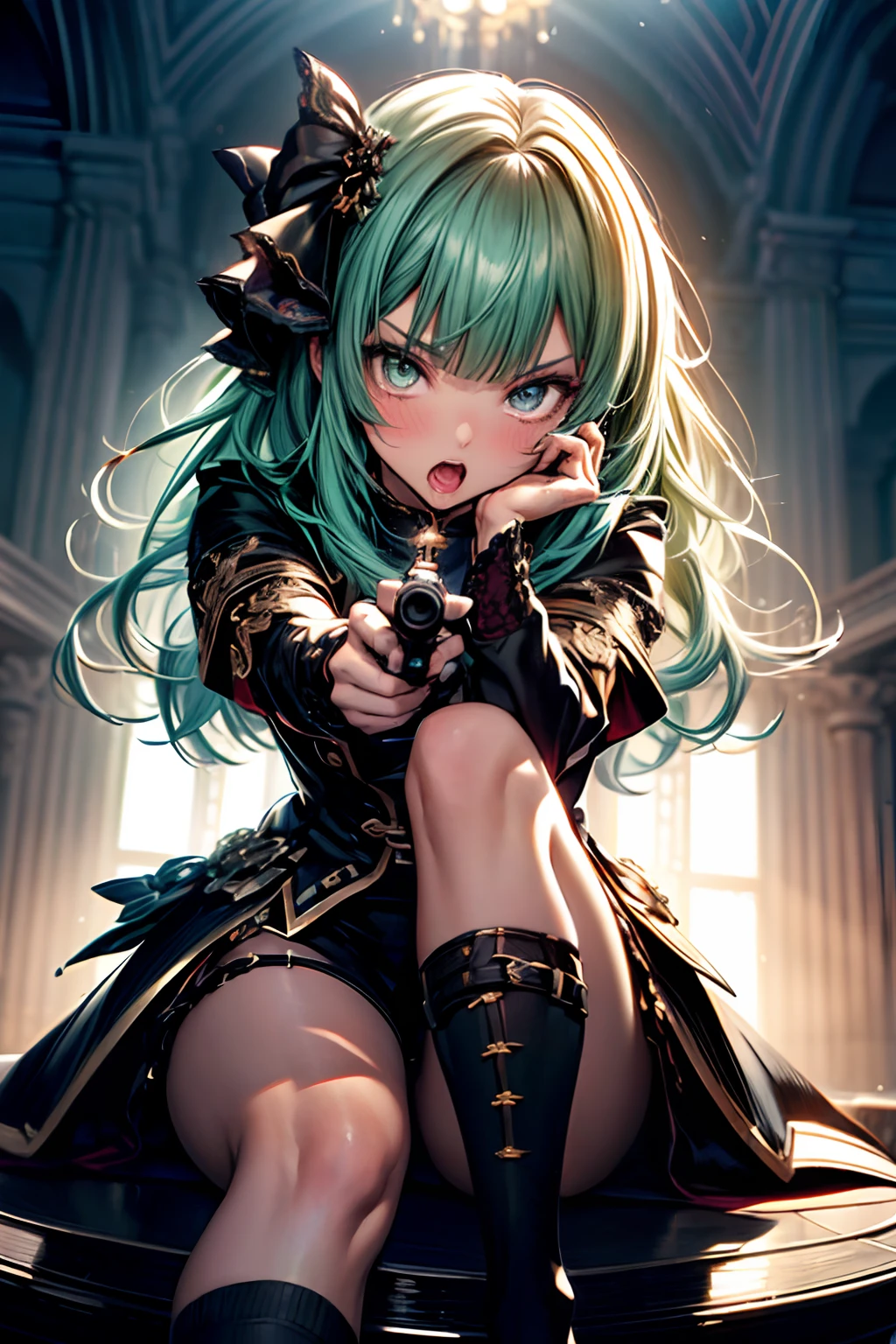 aiming at viewer, Have a pistol, pistols, (masterpiece)、(top-quality)、a throne、cross one's legs、Put your hand in your crotch、
makeup, red blush, 耳环, heart mark, high-heels, 1girl in, florals, the bow,looking in camera、Ahegao ( Silly / Sexual ecstasy)、Cross-eyed、Stranger、View other people、Blunt bangs、 over-kneehighs,Ahegao , Silly,Sexual ecstasy,Drunken eyes,Blunt bangs, Green hair,(masutepiece:1.2, Best Quality), (finely detailed beautiful eye: 1.2), (Detailed background,Dark Fantasy), (beautifull detailed face), High contrast, (Best Illumination, extremely delicate and beautiful), ((Cinematic Light)), Colorful, Hyper Detail, Dramatic light, Intricate details,