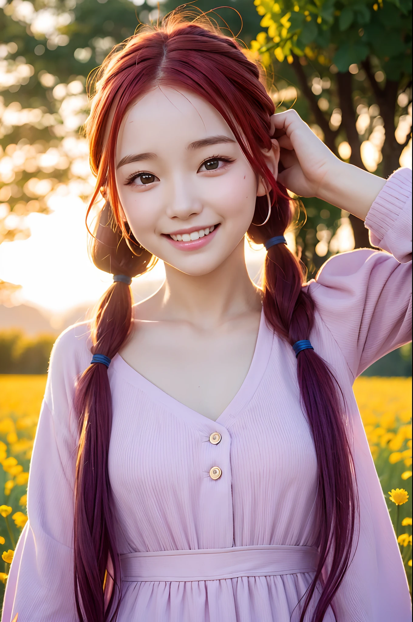 {4k image} 1 girl following,very bright backlight,solo,{big smiling eyes},summer afternoon,dandelion field,light,sunset natural light,pigtail,,smiling eyes,half beautiful with red hair,half purple,wavy hair,fragile lady,real hands