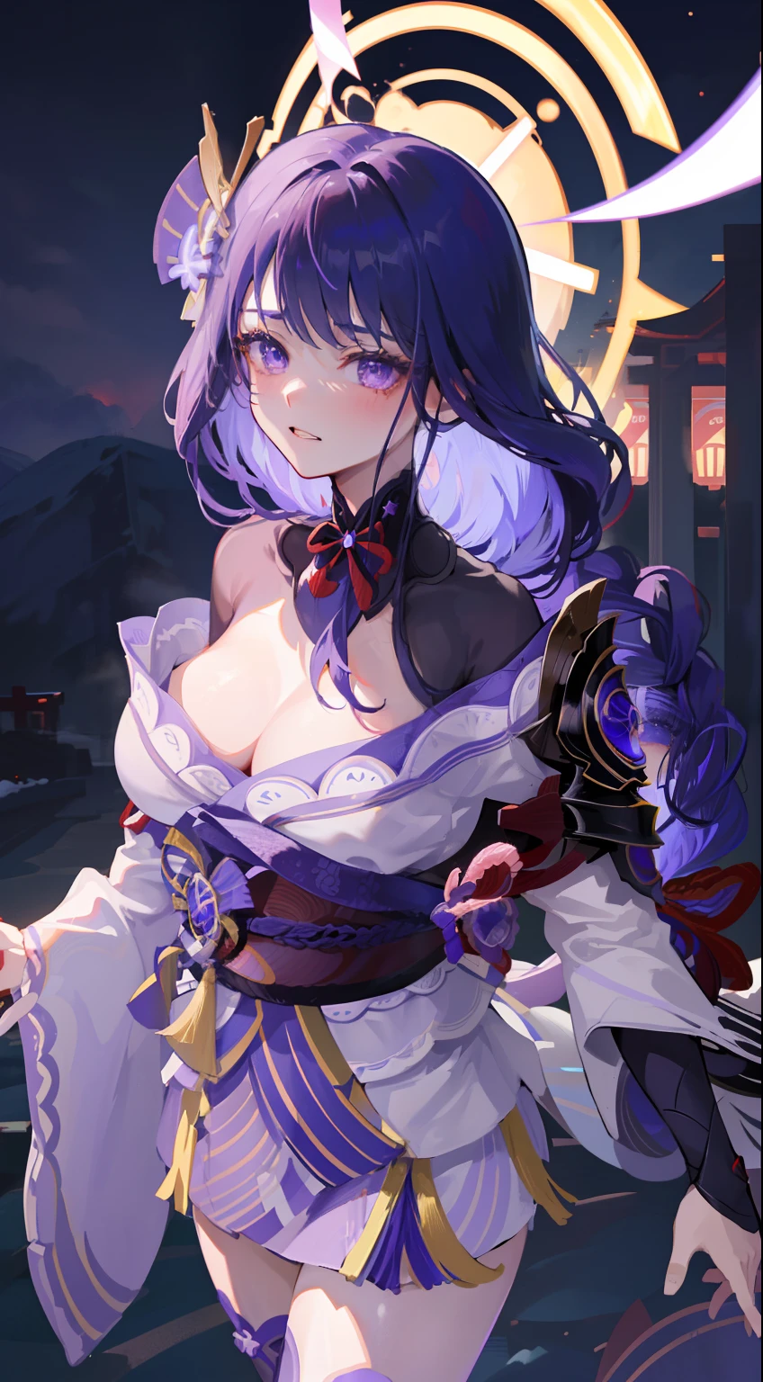 (Highest Quality, masterpiece, 8k wallpaper:1.3), (Pale skin, shiny skin:1.2), 1 girl, Solo Woman, (Genshin_impact, Raiden general, Raiden Shogun, Raiden ei:1.5), thunder particles around, Purple thunderbolt around, Bright background, fighting stance, purple color-theme, Delicate facial features, Sexy beautiful anime girl, Raiden general, Raiden Shogun, Raiden ei, Long purple hair, rosy lips, Anime mouth, blushing, A sexy mature woman, (Severely melancholy face), Detailed eyes, busty figure, building,extreme detailed,(fractal art:1.3),colorful,highest detailed(((UHD))), (((masterpiece))), (((8k))), (((highres))), (((Surrealism))), (((cinematic lighting)))raidenshogundef, upper body, smile, blush, outdoors, day, japan festival background, night sky, long hair, sky, temple, looking at viewer, stairs, mountain, moody lighting, facing viewer,