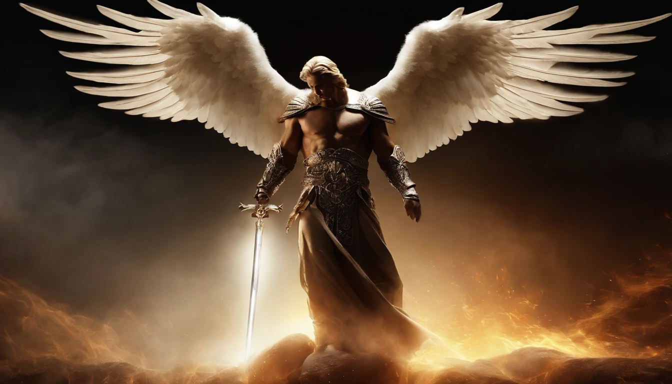 uma imagem do anjo Miguel Arcanjo, with a sword standing in hell, Anjo no inferno, arcanjo, angels vs demons, angel watching demon, angels and demons, anjo protegendo o homem, Arcanjo Miguel, O Anjo da Morte, Battle between angels and demons, anjo super largo, epic angel wings, angels protecting a praying man, necessidade humana anjo da morte. ((imagem epica)), ((alta qualidade)), olhos claros brilhantes, Biomechanicals, estranho, assustador, Pesadelo, cores muito brilhantes, light particles, com luz brilhante, Mshiff, Arte do papel de parede, Papel de parede UHD, Arcanjo olhos claros brilhantes, Biomechanicals, estranho, assustador, Pesadelo, cores muito brilhantes, light particles, com luz brilhante, Mshiff, Arte do papel de parede, Papel de parede UHD