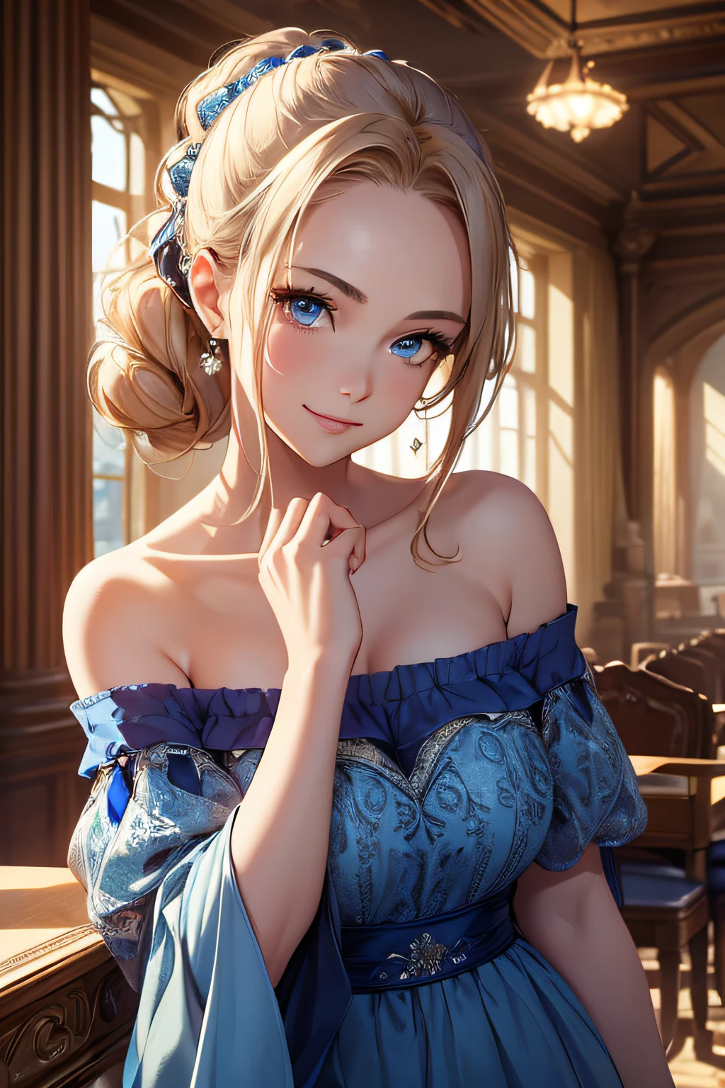 best quality, masterpiece, upper body,
(adult:1.6) hungarian woman, (smirk:0.4), arms behind head,
braided golden hair,
sparkling eyes,
victorian sundress,
floating light particles, centered,